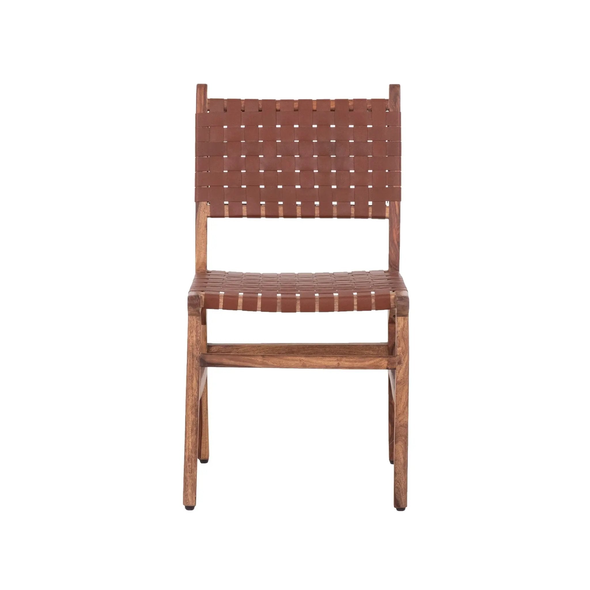 Rustic Wooden Dining Chair (Set of 2) With Genuine Leather Woven Upholstery - Brown by HouseOfZazla