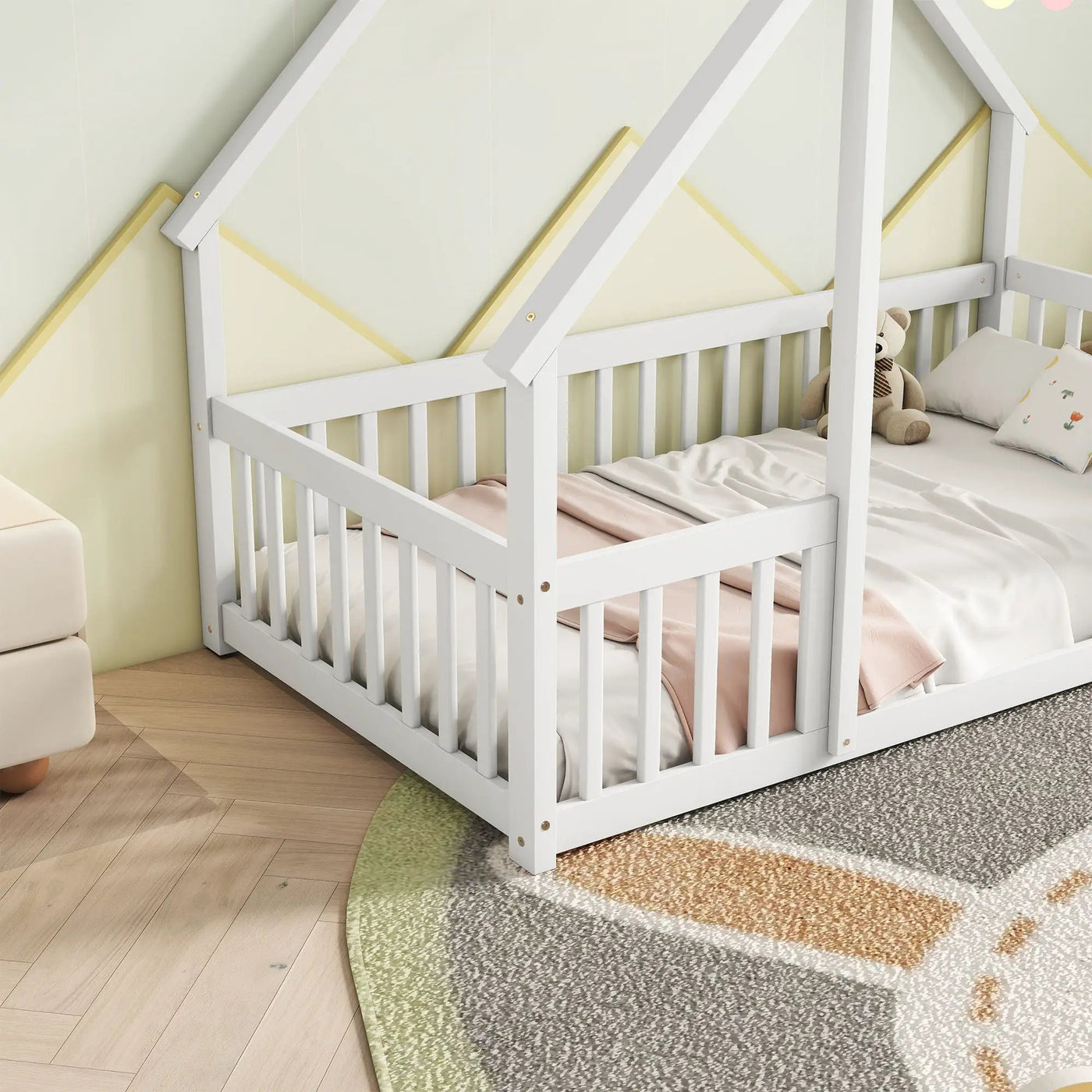 Wood House-Shaped Floor Bed With Fence, Guardrails by Unique Piece Furniture