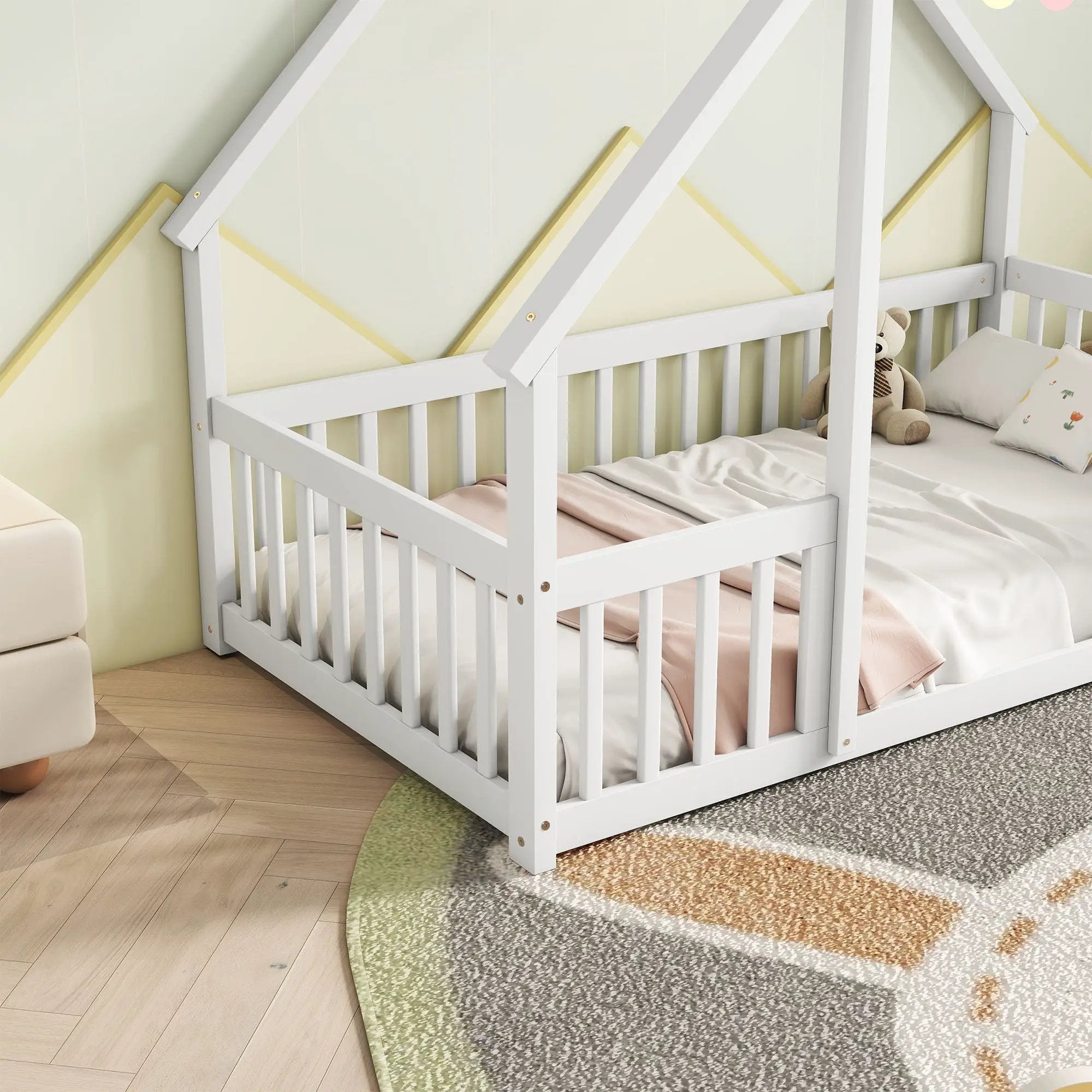 Wood House-Shaped Floor Bed With Fence, Guardrails by HouseOfZazla