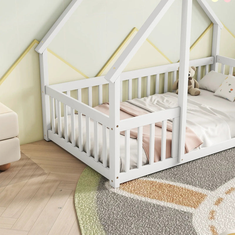 Wood House-Shaped Floor Bed With Fence, Guardrails by HouseOfZazla
