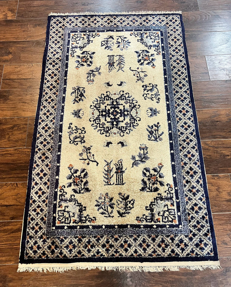 Silk Chinese Rug 3x5, Vintage Handmade Peking Carpet, Asian Oriental Art Deco Rug by Jewel Rugs