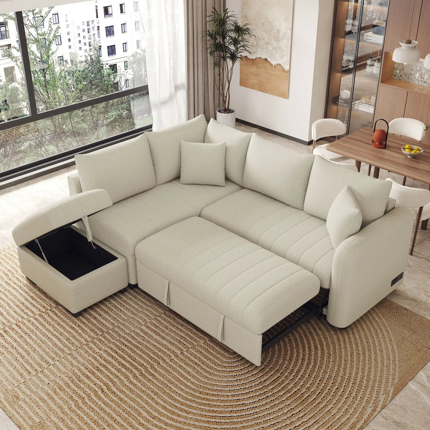 L-Shaped Sectional Pull Out Sofa Bed Sleeper Sofa With Two USB Ports, Two Power Sockets And A Movable Storage Ottoman by HouseOfZazla