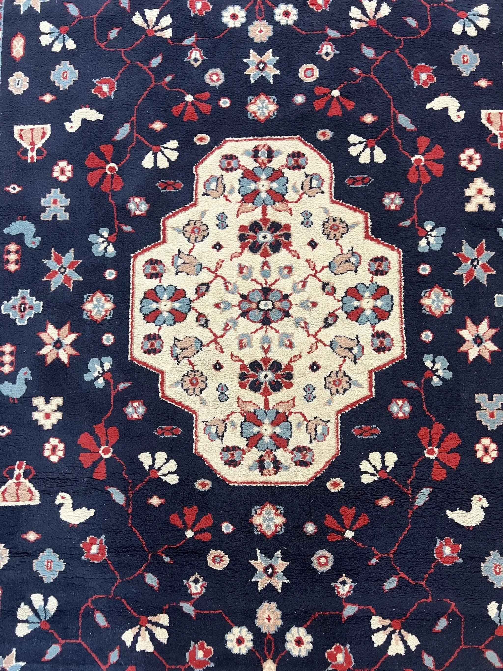 Belgium Power Loomed Rug 5.6 x 7, Navy Blue and Ivory, Heriz Pattern, Vintage Oriental Carpet by Jewel Rugs