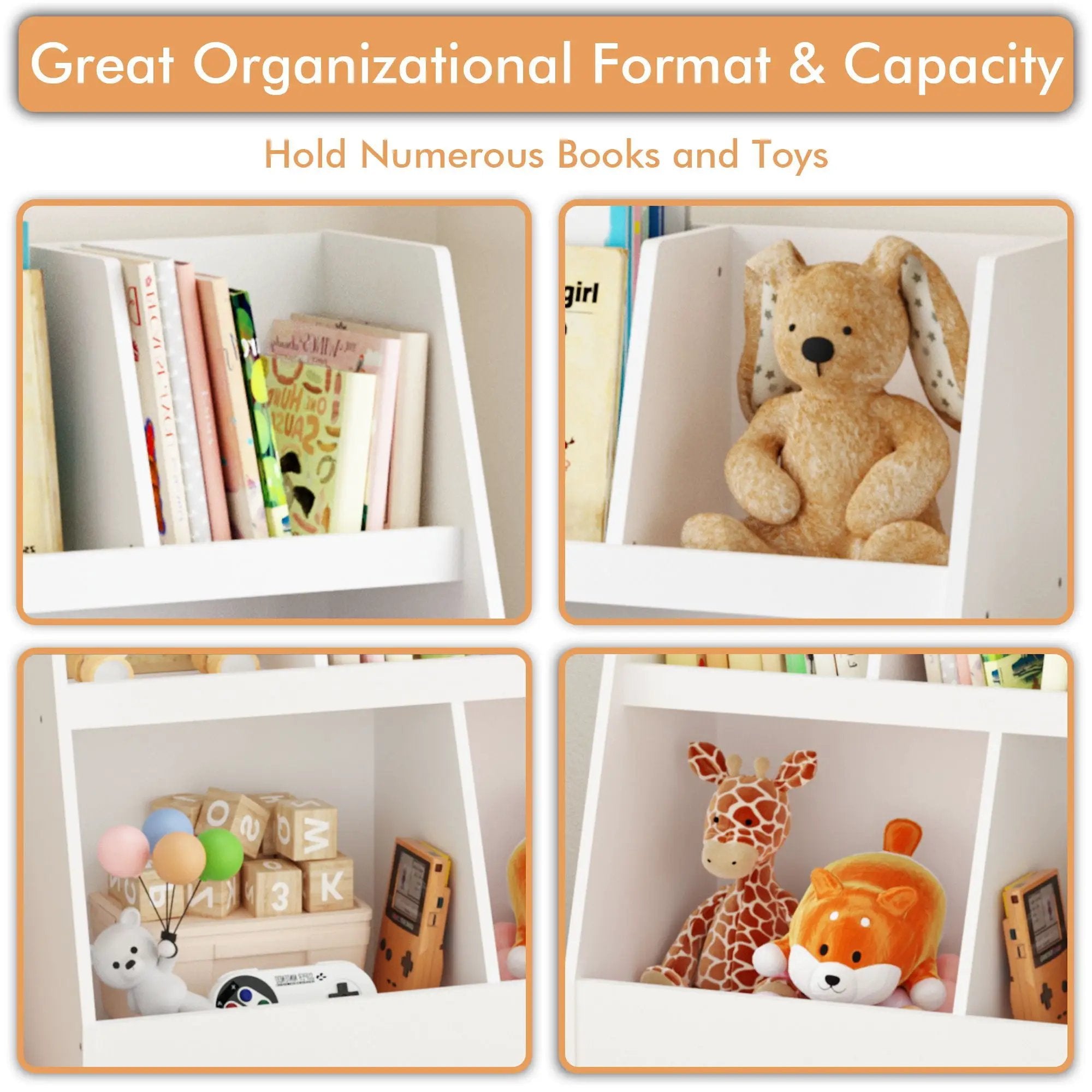 Kids Bookshelf And Toy Organizer, 5 Cubbies Wooden Open Bookcase, 2-Tier Baby Storage Display Organizer With Legs, Free Standing For Playing Room, Bedroom, Nursery, Classroom - White by HouseOfZazla