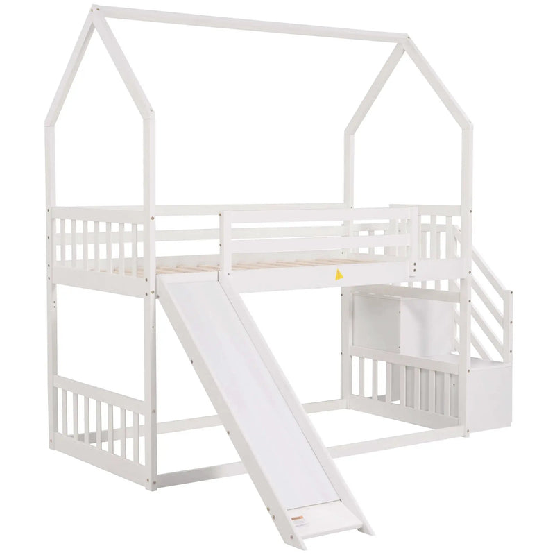 Twin Over Twin House Bunk Bed With Convertible Slide, Storage Staircase by HouseOfZazla