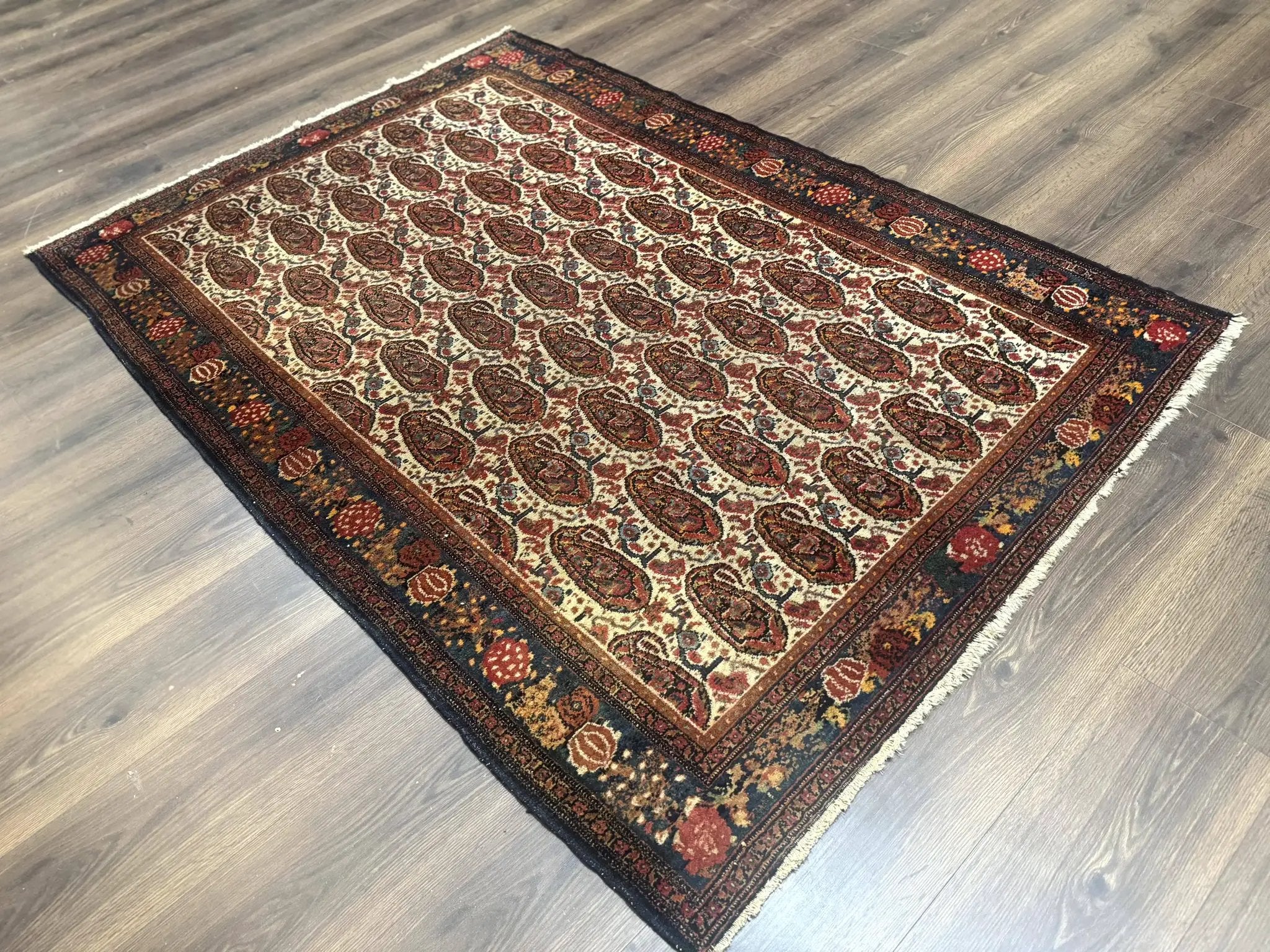 Antique Persian Kurdish Senneh Rug 4.6 x 6.5, Repeated Paisely Boteh Design, Handmade by Jewel Rugs