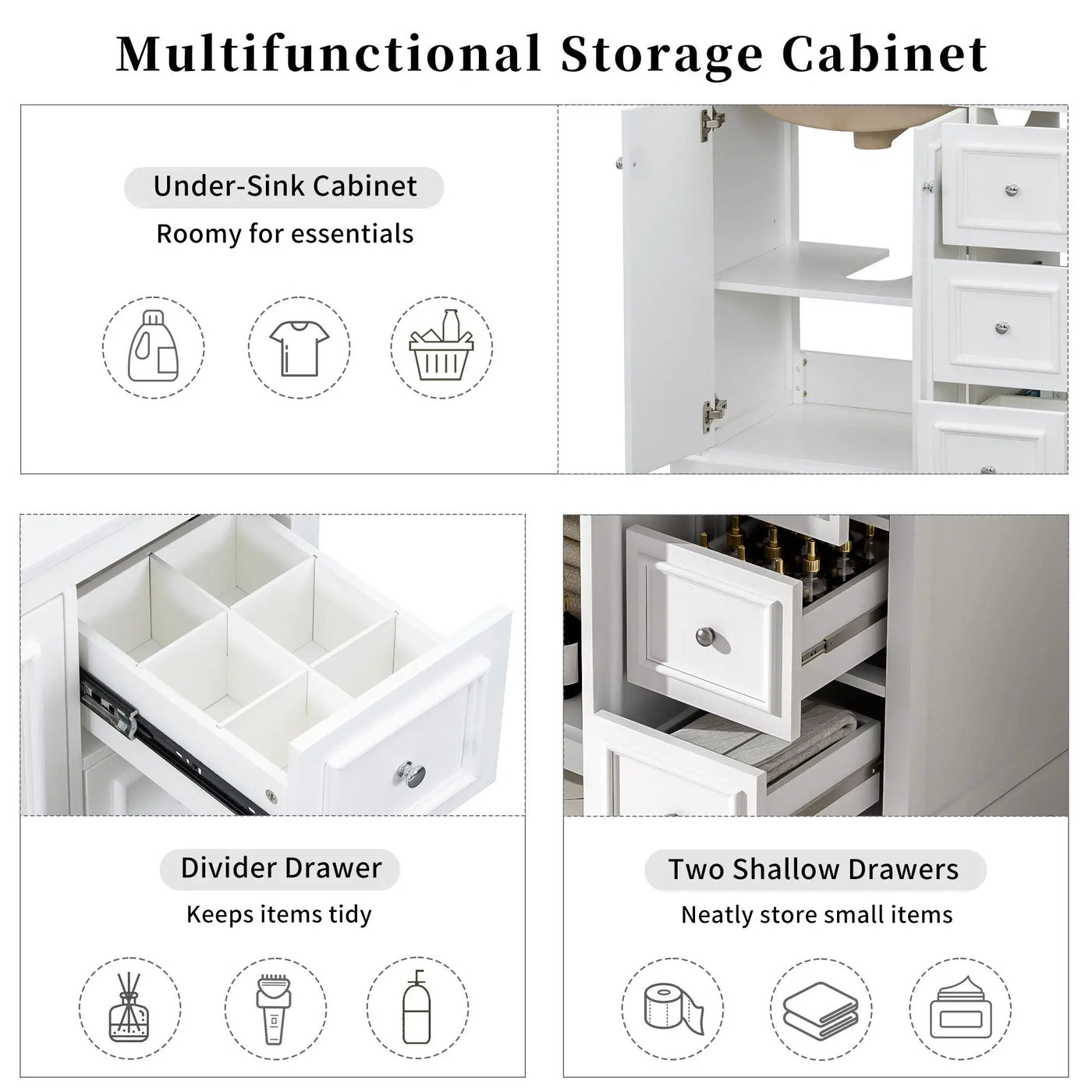 Bathroom Vanity With Sink, Soft-Close Doors, Adjustable U-Shelf, 3 Drawers by Unique Piece Furniture