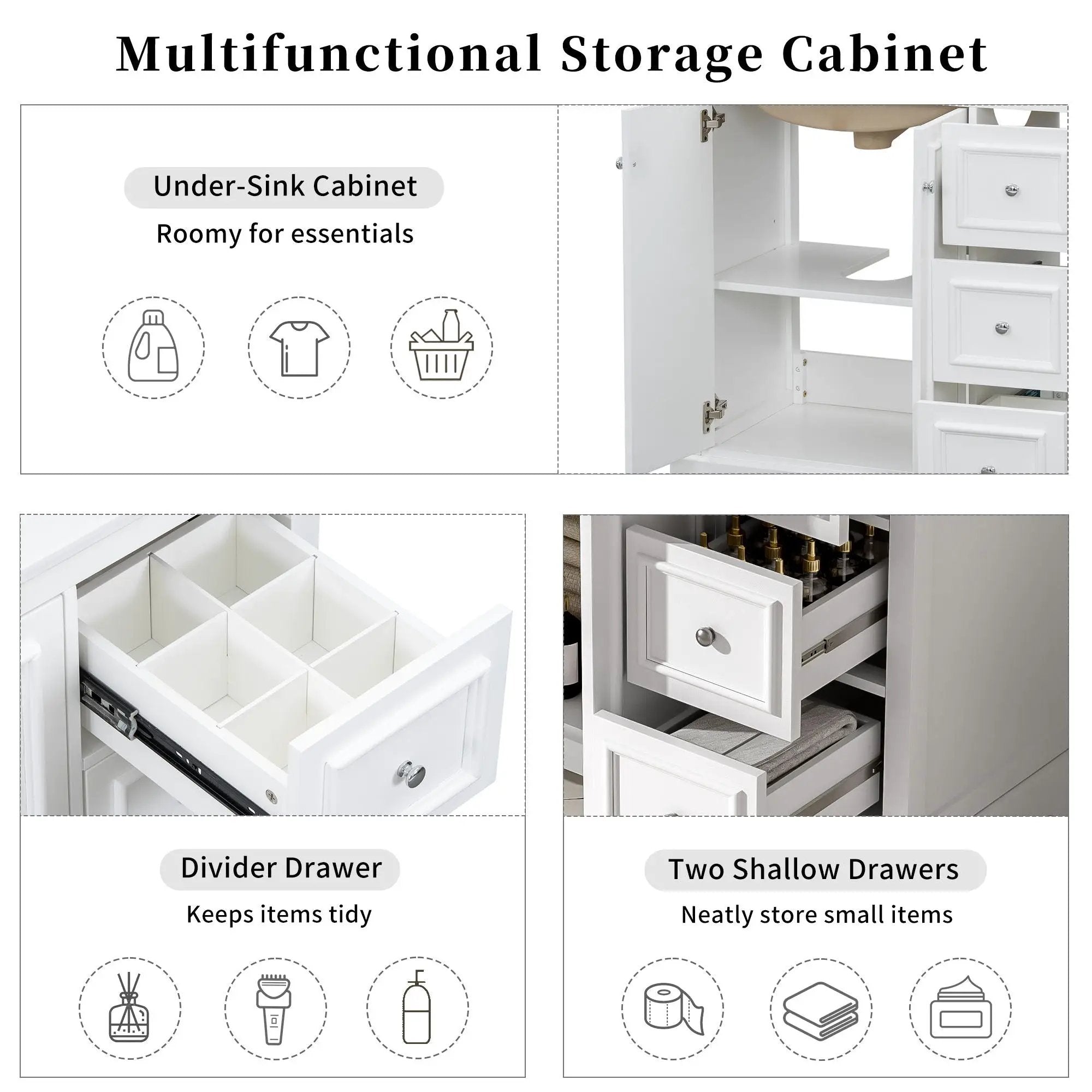 Bathroom Vanity With Sink, Soft-Close Doors, Adjustable U-Shelf, 3 Drawers by Unique Piece Furniture