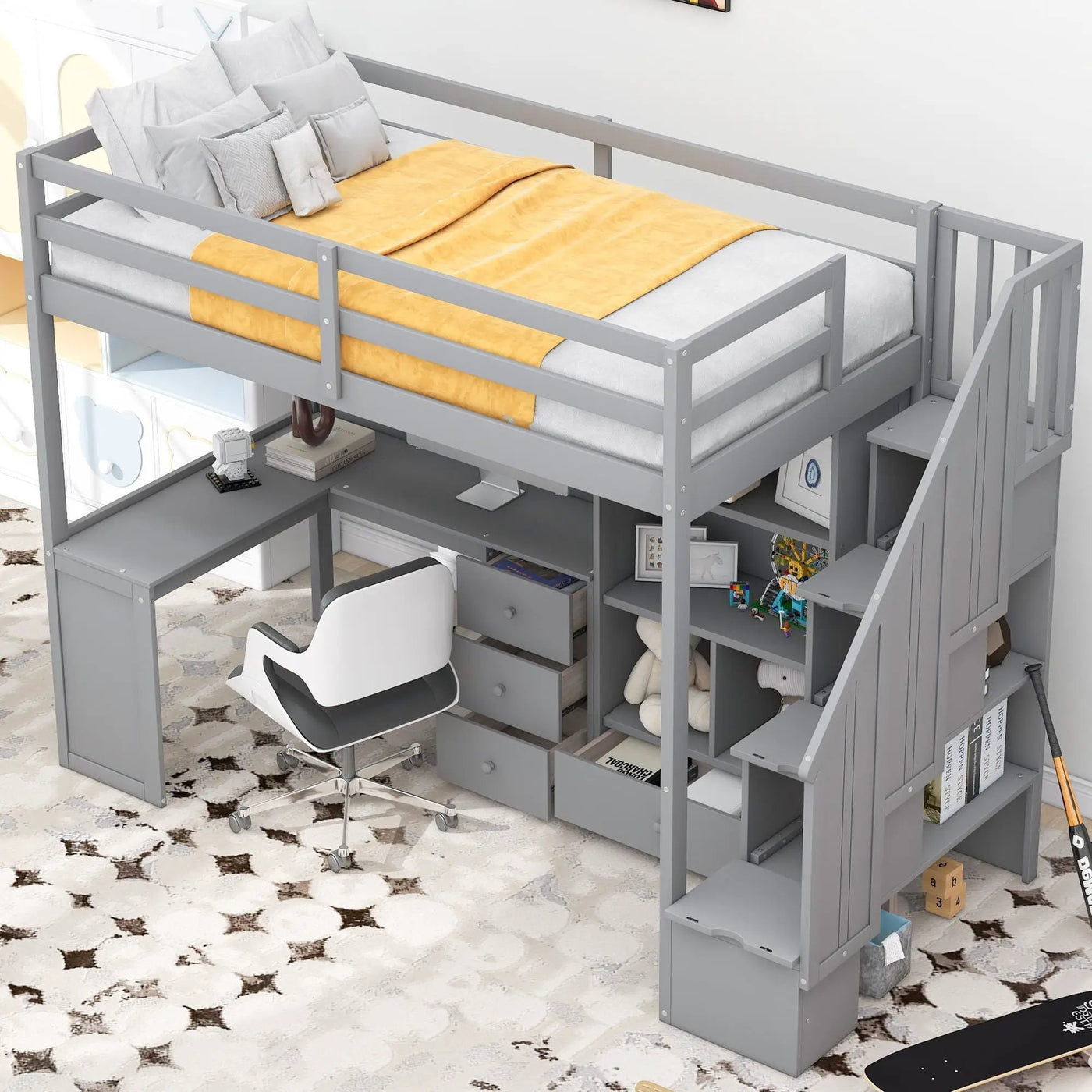 Loft Bed With L Shaped Desk, Drawers, Cabinet, And Storage Staircase by HouseOfZazla