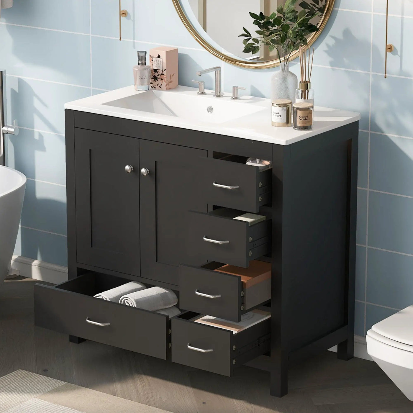 Bathroom Vanity With Ceramic Sink Combo, Abundant Storage Cabinet 2 Soft Close Doors And 5 Drawers by Unique Piece Furniture