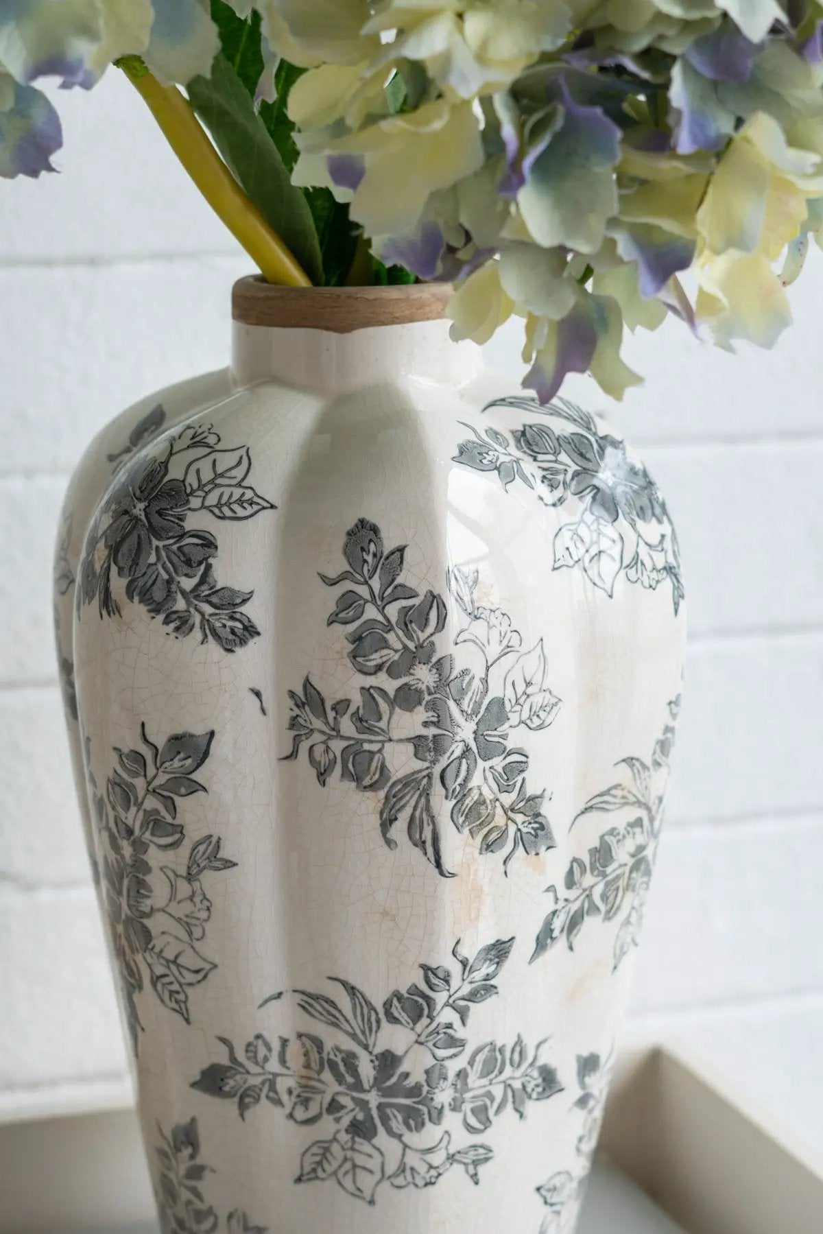8.1x8.1x13.6' White Ceramic Accent Vase with Gray Floral Design by HouseOfZazla