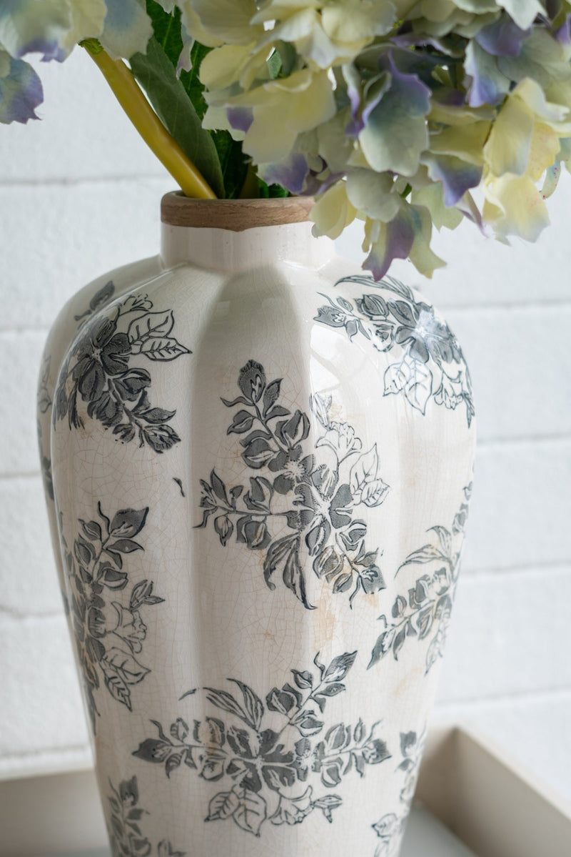 8.1x8.1x13.6' White Ceramic Accent Vase with Gray Floral Design by HouseOfZazla