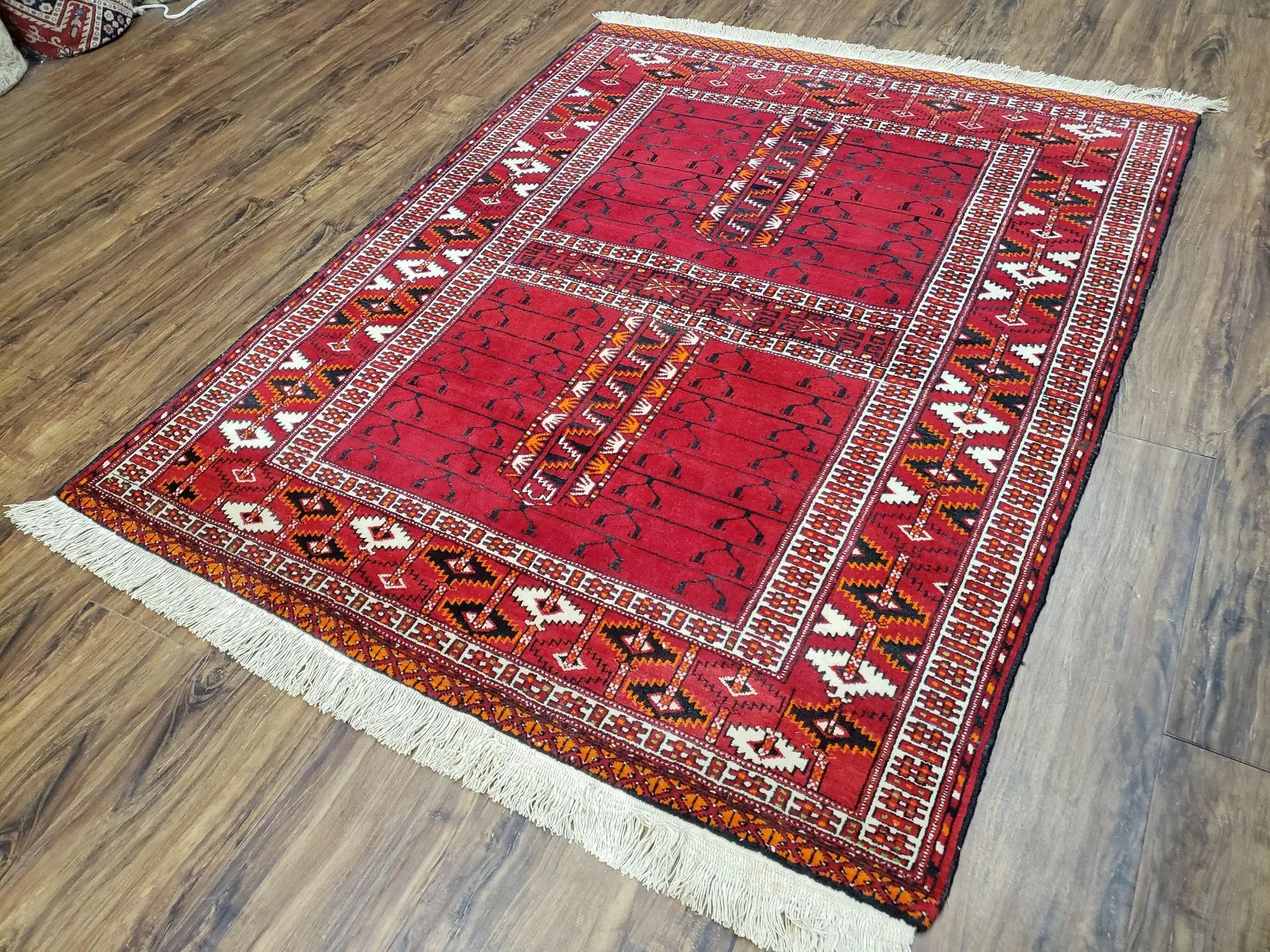 Antique Persian Turkoman Rug 4x5, Hatchli Tekkeh Ersari Red Tribal Rug, Handmade Wool Oriental Carpet, Four Seasons Rug by Jewel Rugs