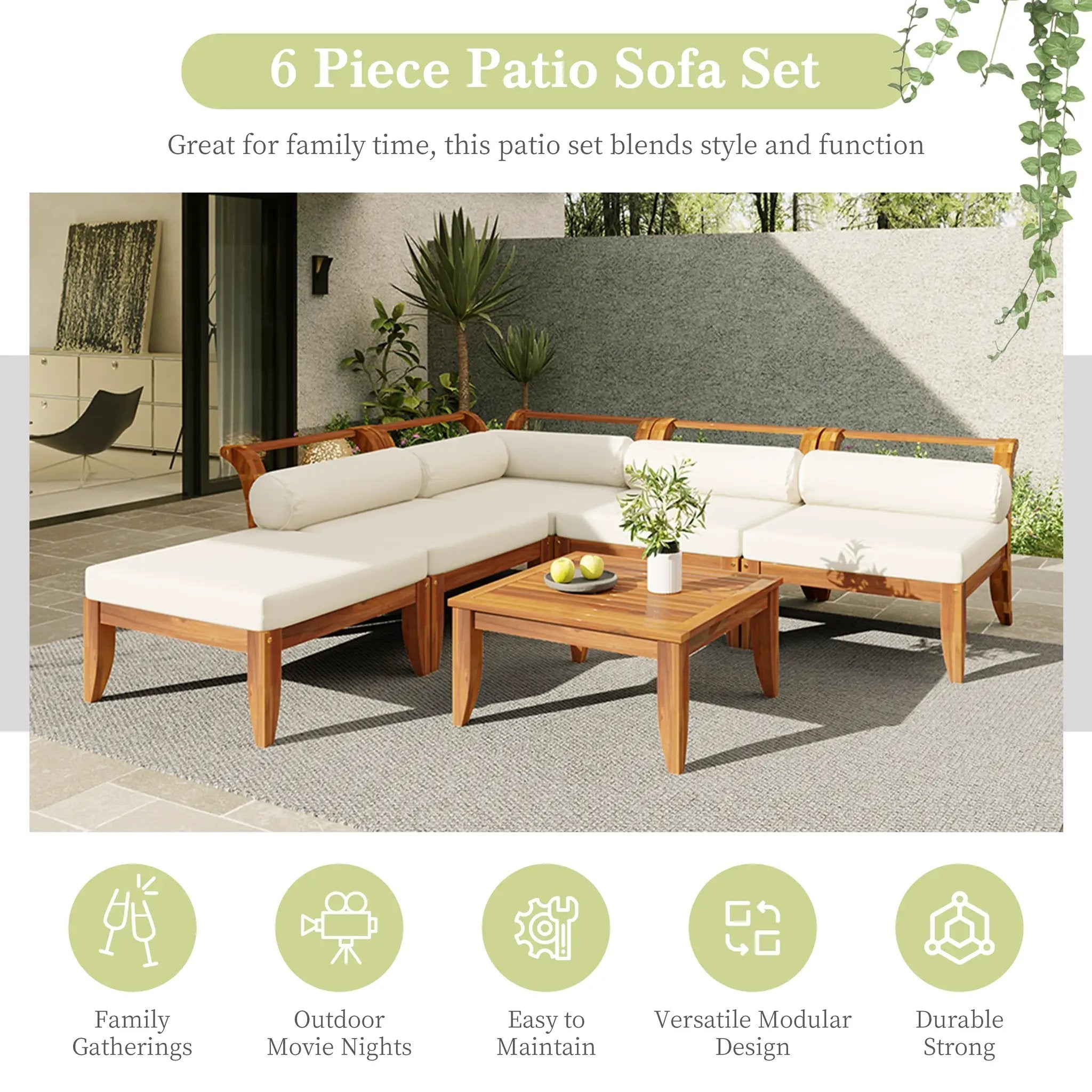 6 Piece Acacia Wood Outdoor Modular Sectional with Daybed and Tea Table by HouseOfZazla