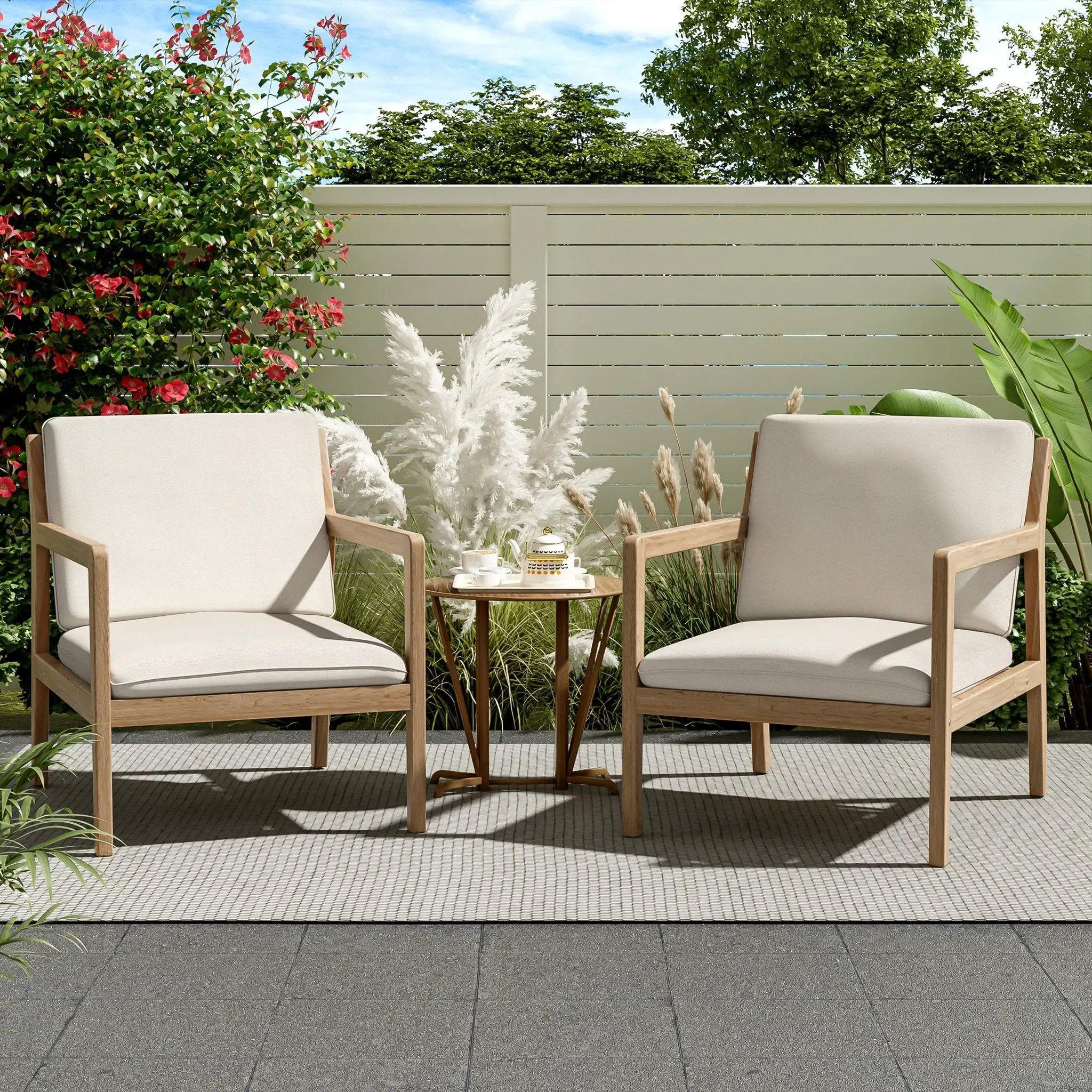 Outdoor Acacia Wood Armchair, Set of 2, Patio Club Chair with Cushions, Light Teak by HouseOfZazla