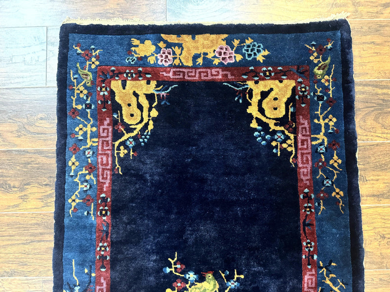 Antique Chinese Peking Rug 3x6, Dark Blue, Bird Motif, Handmade Wool Art Deco Asian Oriental Carpet, Pair A by Jewel Rugs