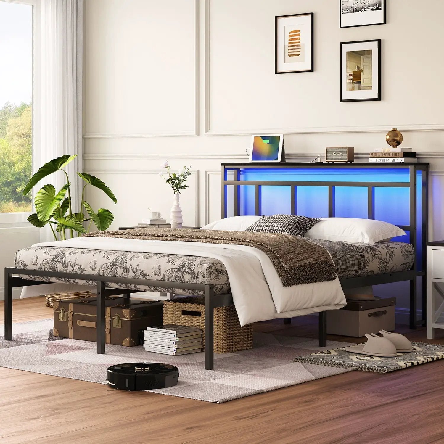 Bed Frame With Storage Headboard With USB C, Type C And LED Light by HouseOfZazla