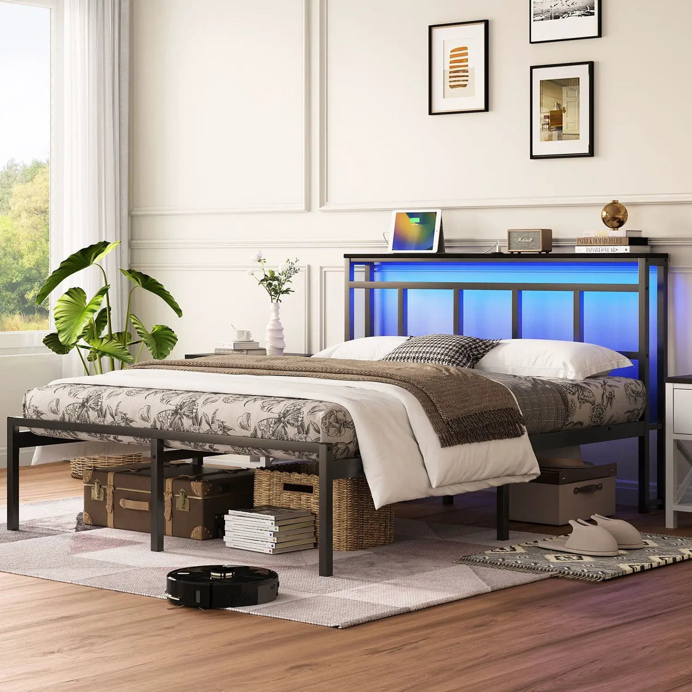 Bed Frame With Storage Headboard With USB C, Type C And LED Light by Unique Piece Furniture