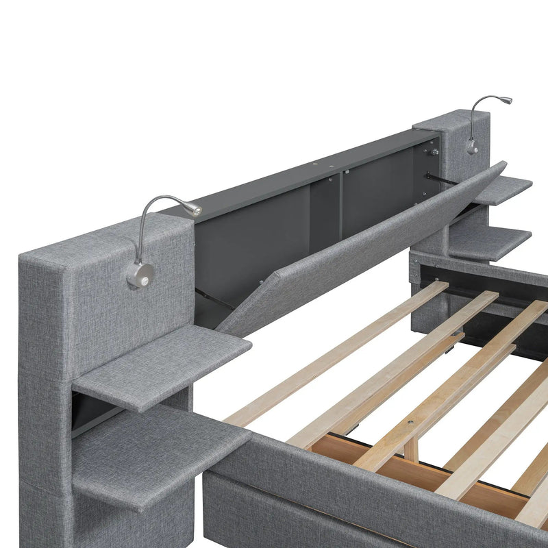 Upholstered Platform Bed With Reading Lights, Drawers, Trundle And Shelves by HouseOfZazla