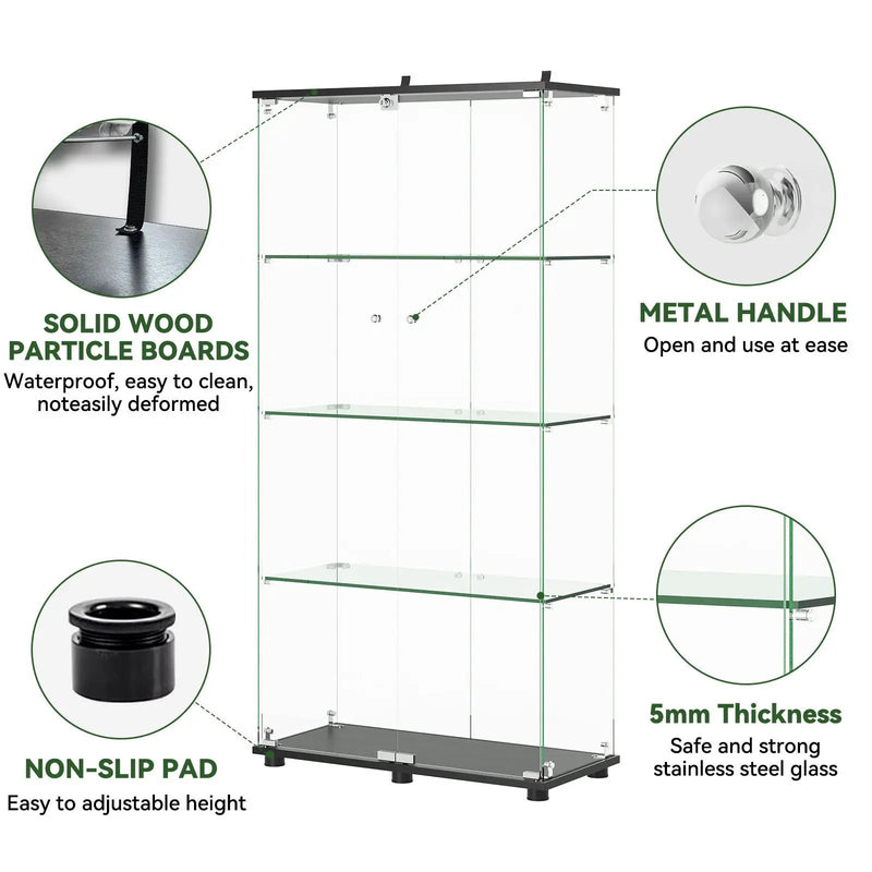 Modern Glass Display Cabinet With 4 Shelf Double Doors And Lock, Tempered Glass Bookshelf For Living Room - Black by Unique Piece Furniture
