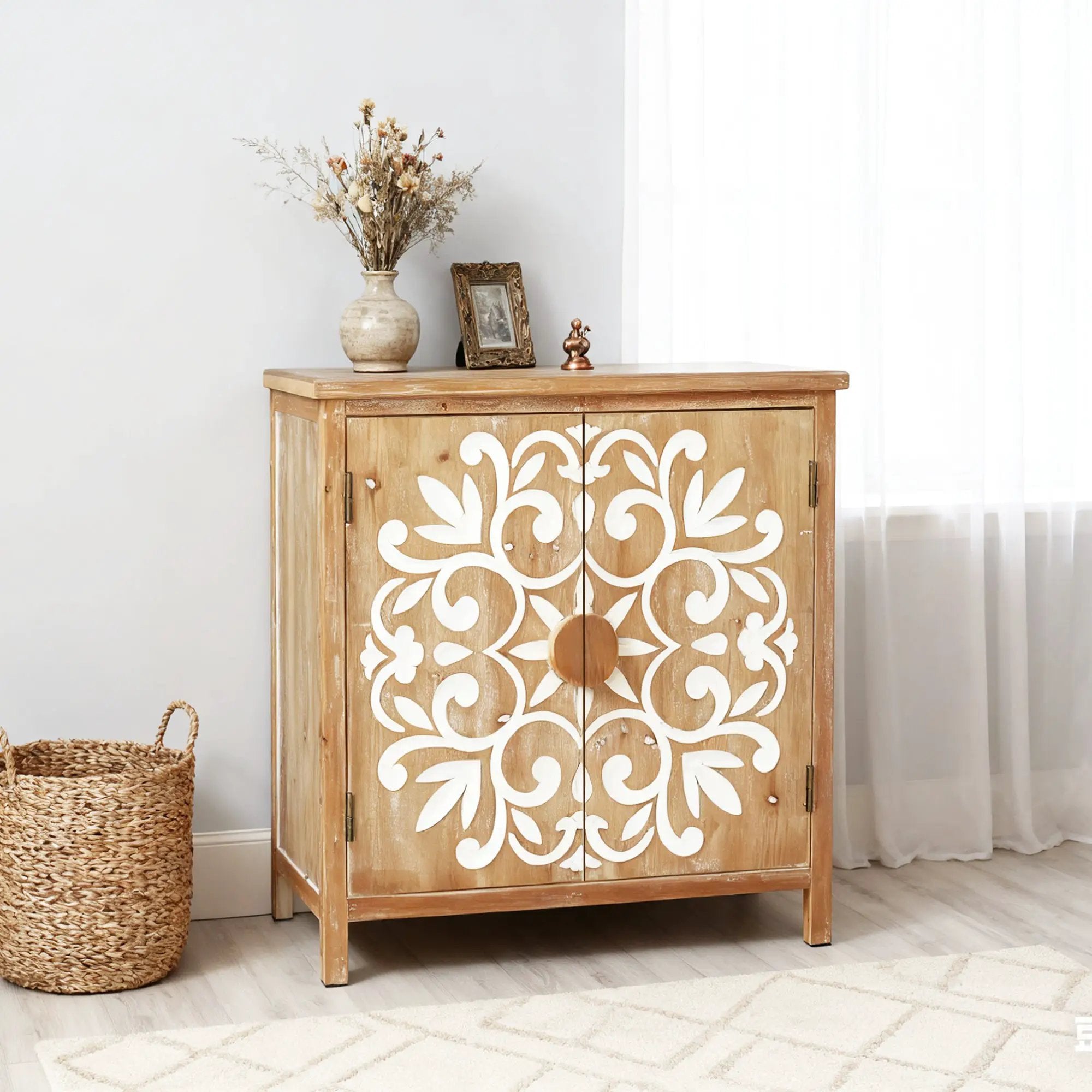 Rustic Wooden Accent Cabinet with Floral Carved Doors by HouseOfZazla