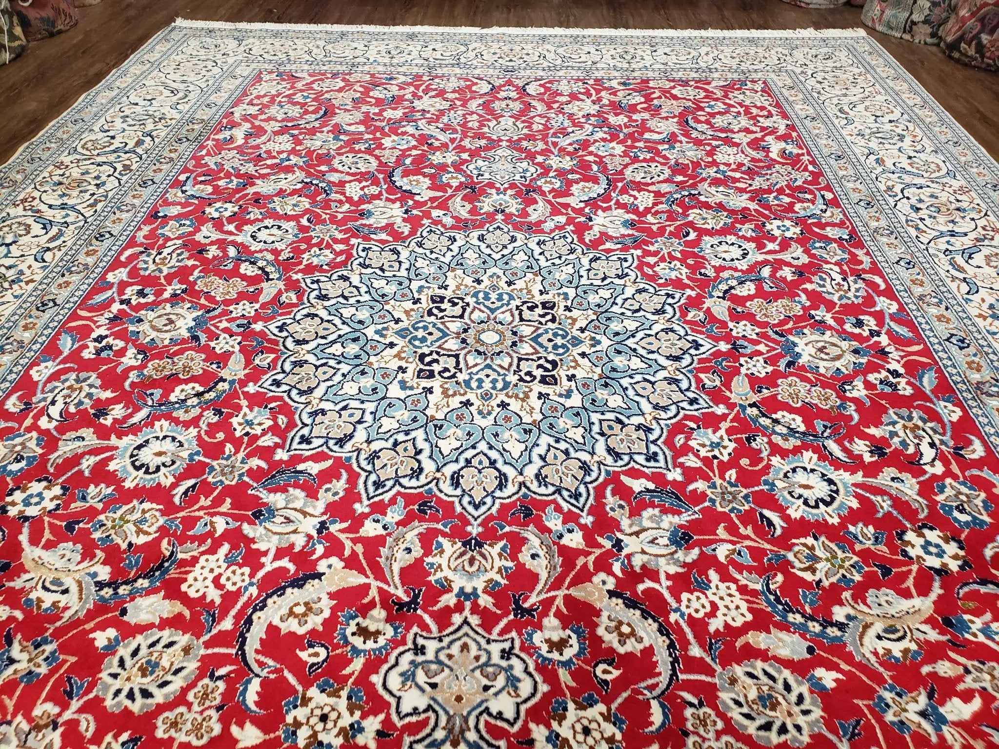 Persian Nain Rug 8x12, Red and Ivory, Signed by Jewel Rugs