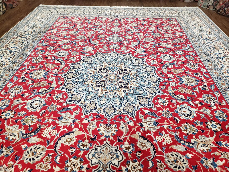 Persian Nain Rug 8x12, Red and Ivory, Signed by Jewel Rugs