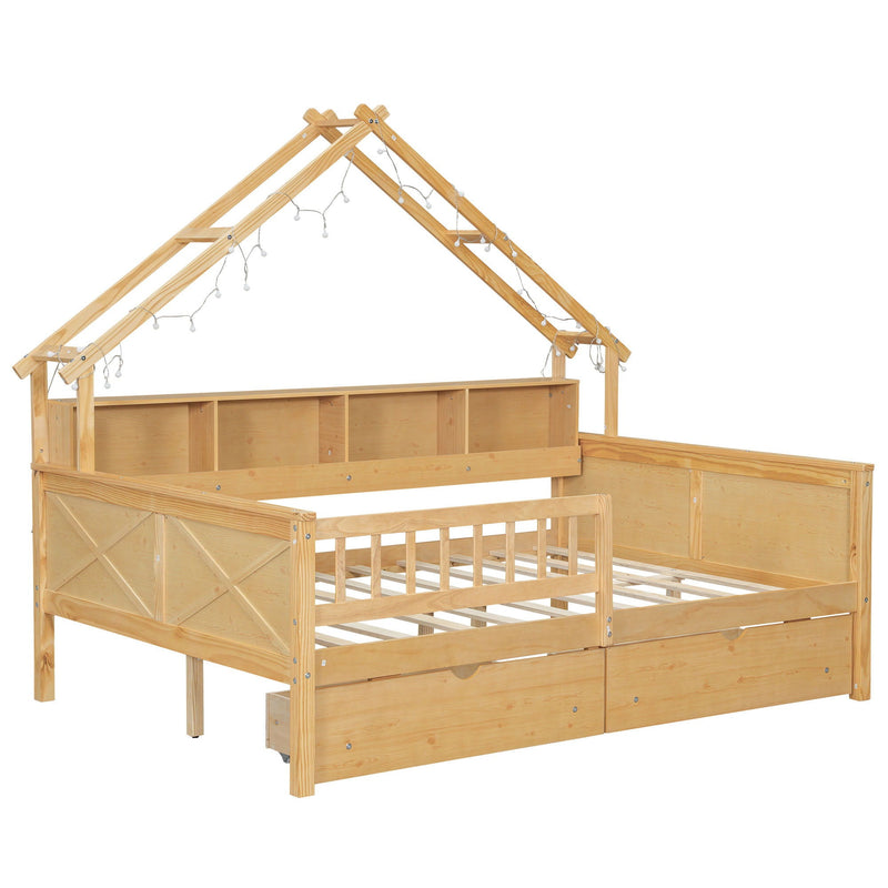 House Style Platform Bed With LED Lights, Storage Shelves, Drawers, And Guardrail by HouseOfZazla