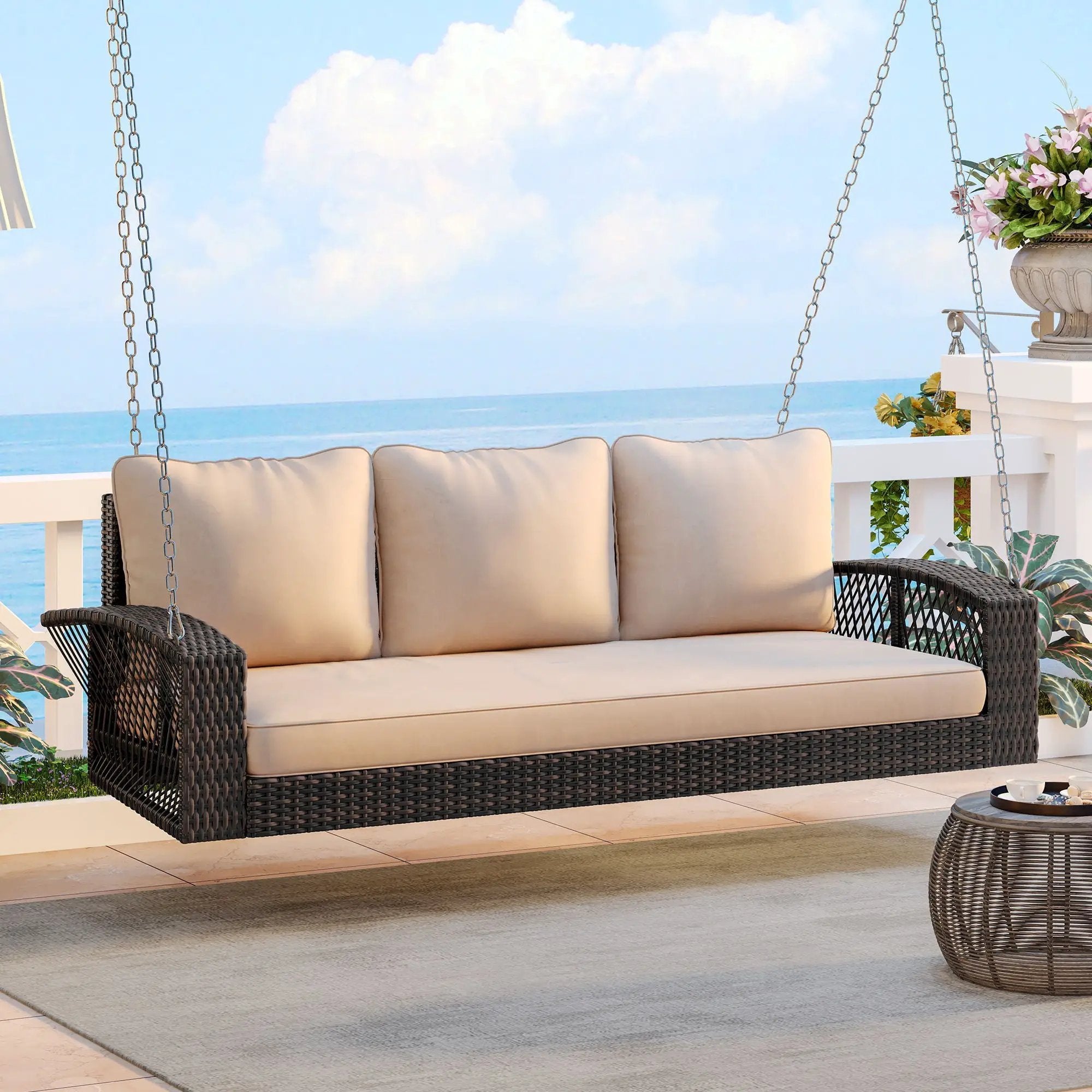 3 Person Large Patio Swing Bench With Cushions For Backyard by Unique Piece Furniture