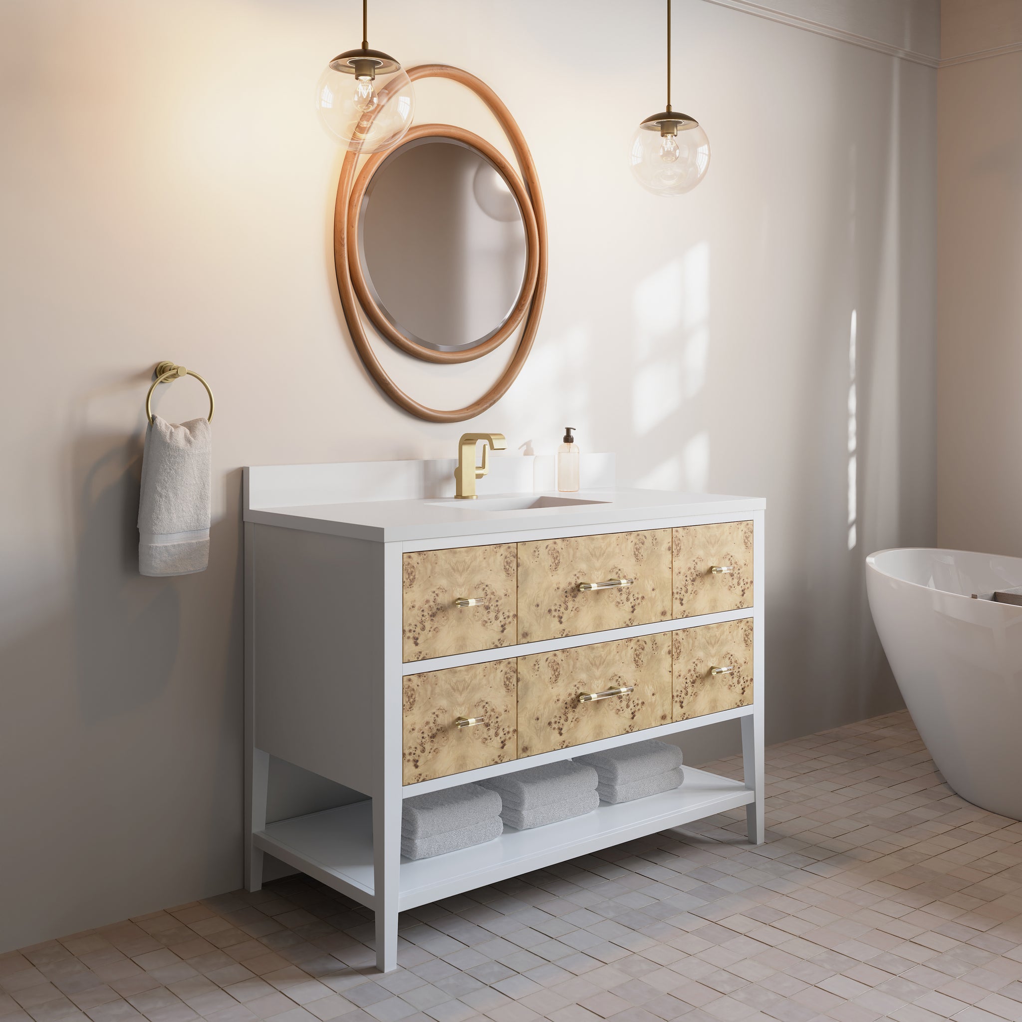 James Martin Olena 48" Single Bathroom Vanity, Polished White and Light Mappa Burl, view 23