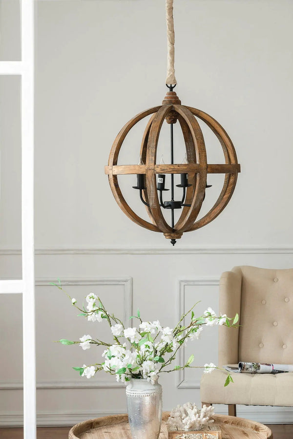 4 Light Wood Chandelier, Hanging Light Fixture With Adjustable Chain For Kitchen, Bulb Not Included - Brown