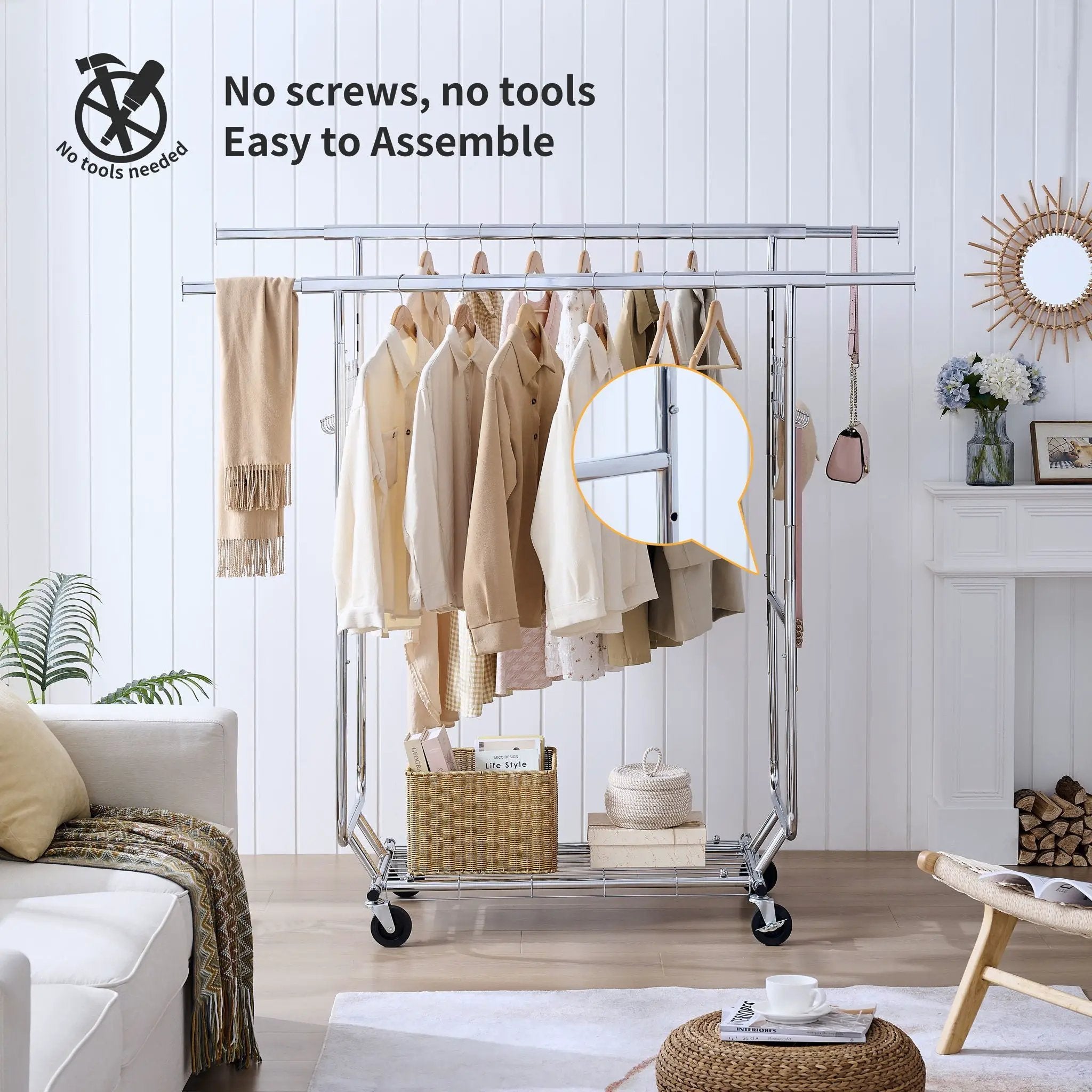 Heavy Duty Double Clothing Garment Rack With Shelves - Silver by Unique Piece Furniture