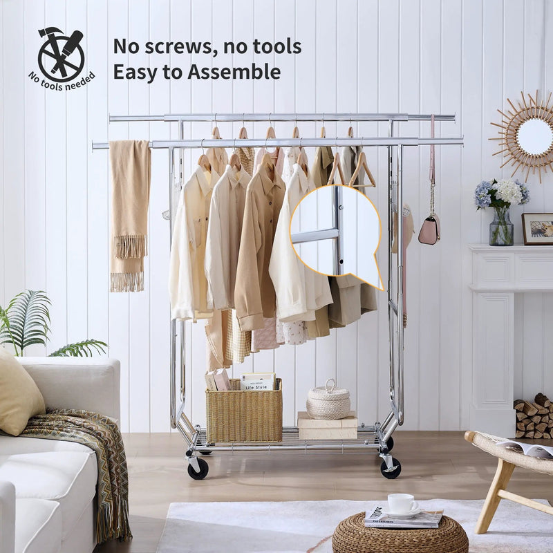 Heavy Duty Double Clothing Garment Rack With Shelves - Silver by Unique Piece Furniture