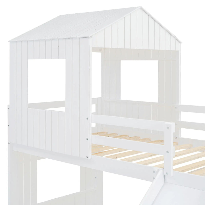 Loft Bunk Bed With Playhouse, Farmhouse, Ladder, Slide And Guardrails by HouseOfZazla