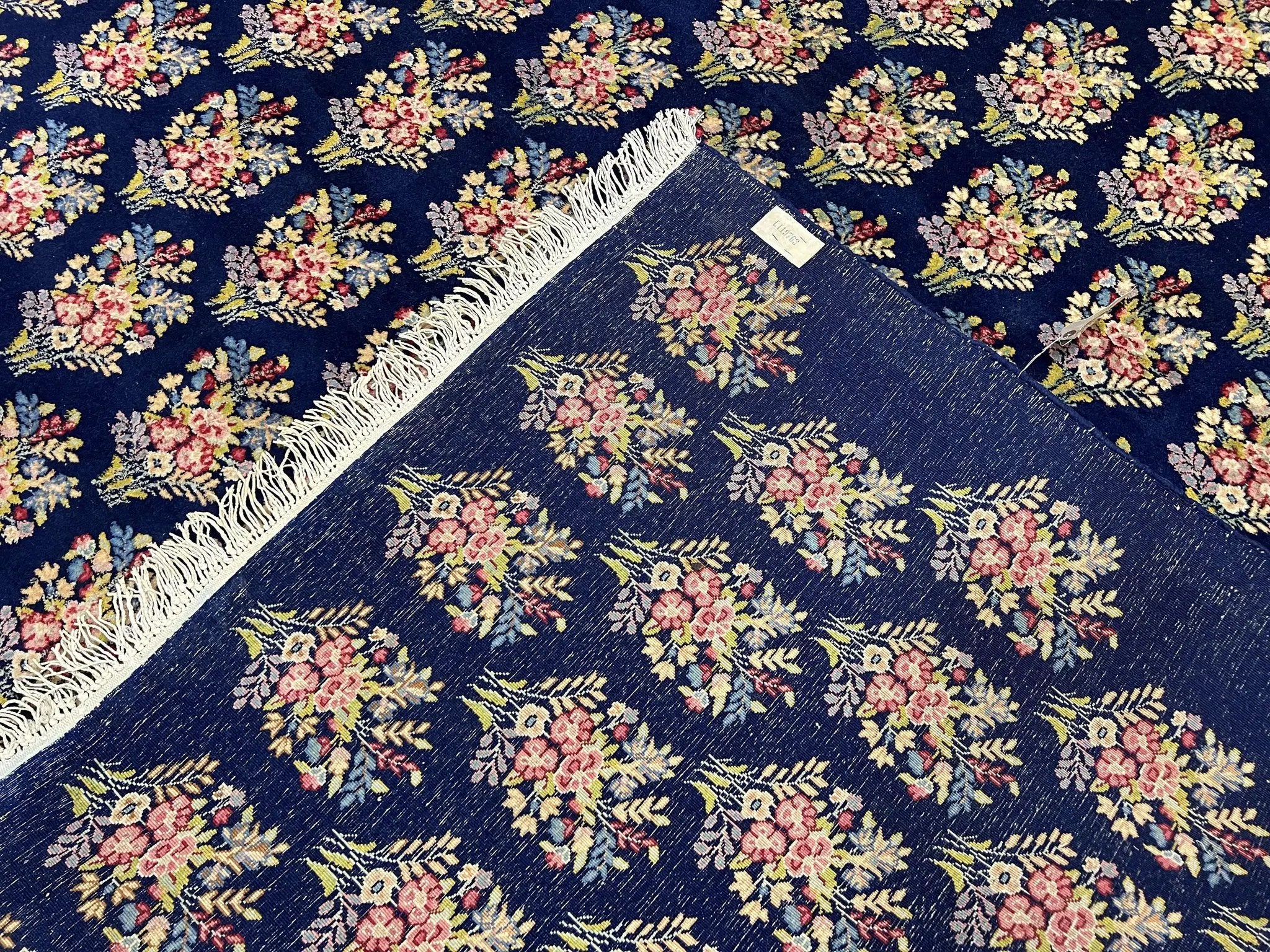 Persian Rug 9x12, Authentic Hand Knotted Carpet, Repeated Floral Motif Garden of Eden, Navy Blue Wool Rug 9 x 12, Semi Antique Kirman Rug by Jewel Rugs