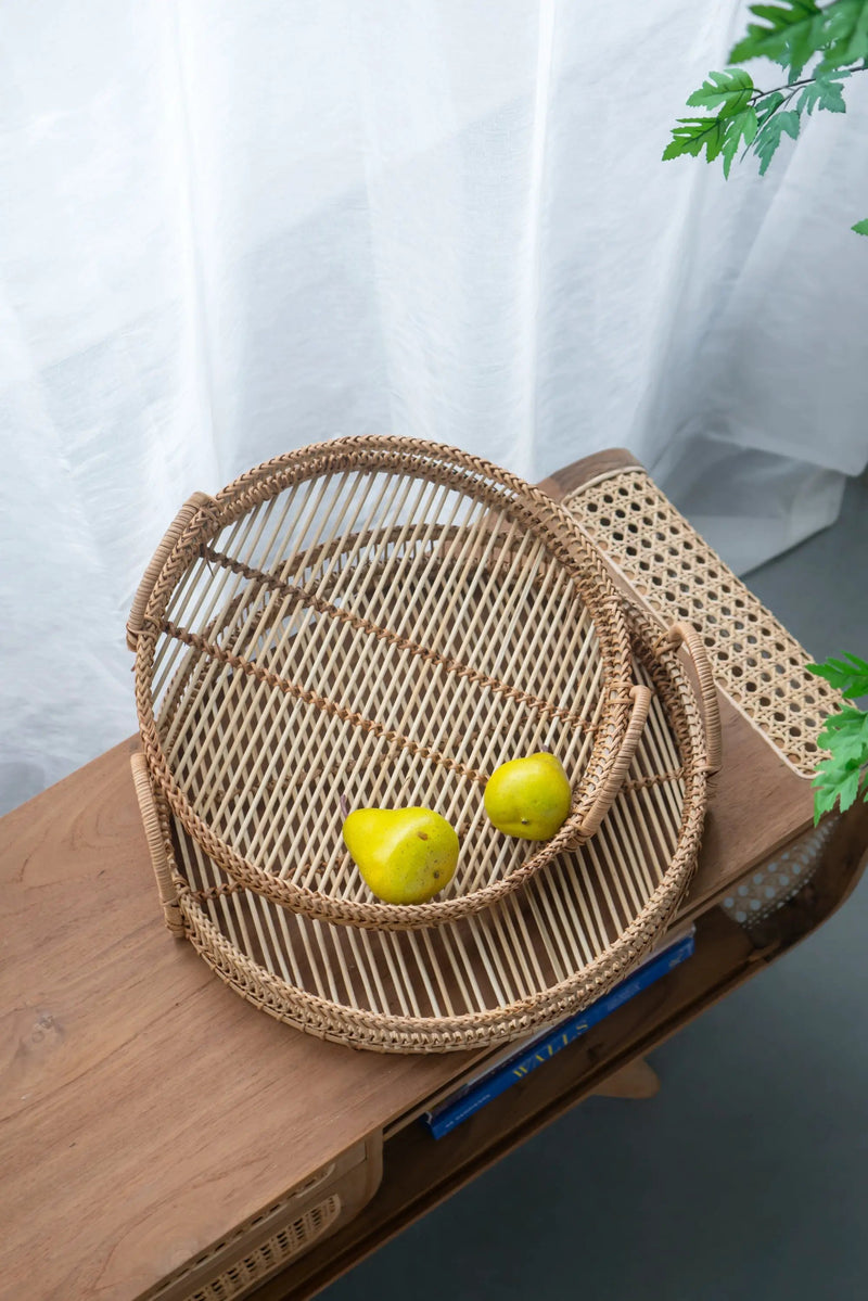 Set of 3 Round Decorative Brown Bamboo Woven Trays with Handles by HouseOfZazla