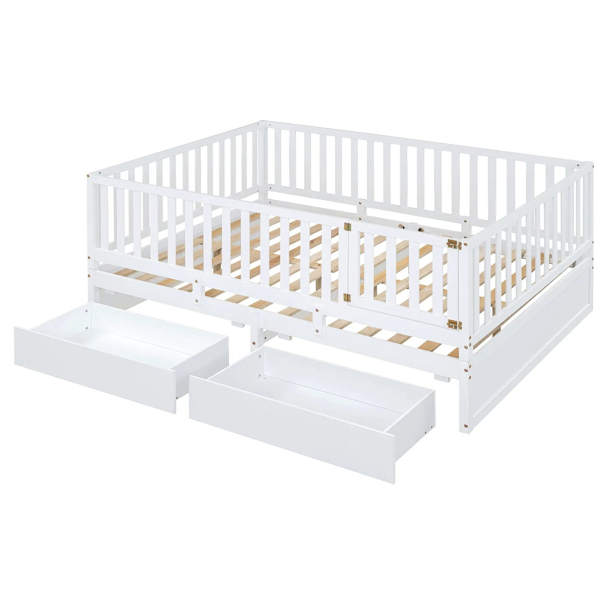 Daybed With Fence Guardrails And 2 Drawers, Split Into Independent Floor Bed & Daybed by HouseOfZazla