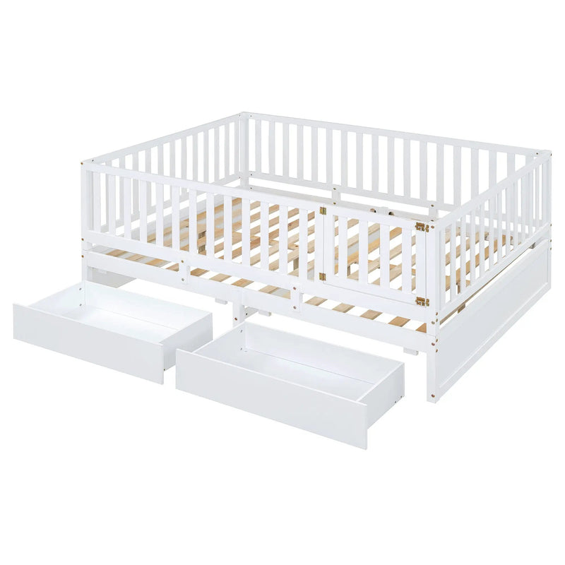 Daybed With Fence Guardrails And 2 Drawers, Split Into Independent Floor Bed & Daybed by HouseOfZazla