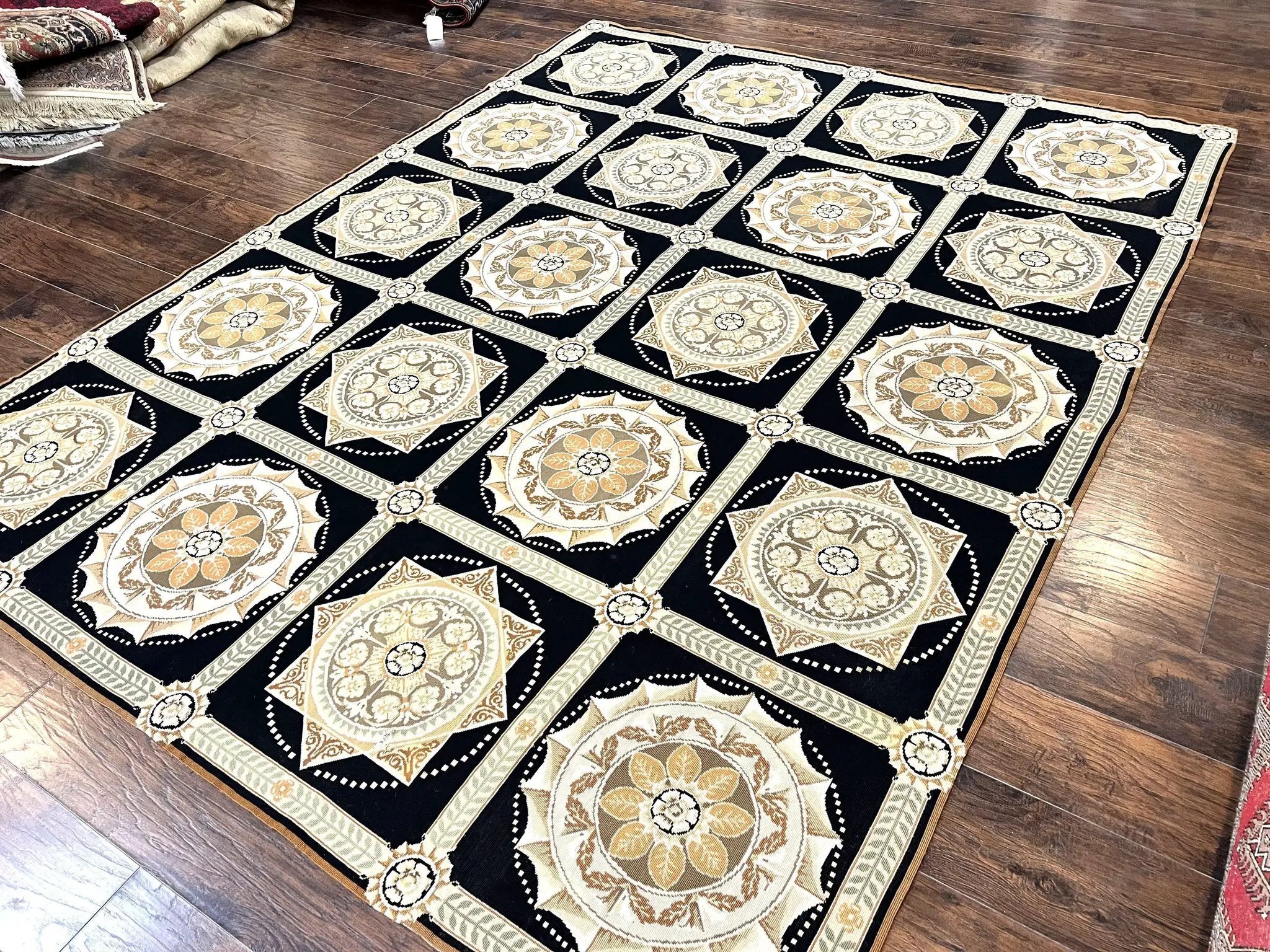 Needlepoint Rug 8x10, Black Tan Beige, Panel Design, Wool Handwoven Handmade Flatweave Needlepoint Carpet, Vintage French European Rug by Jewel Rugs