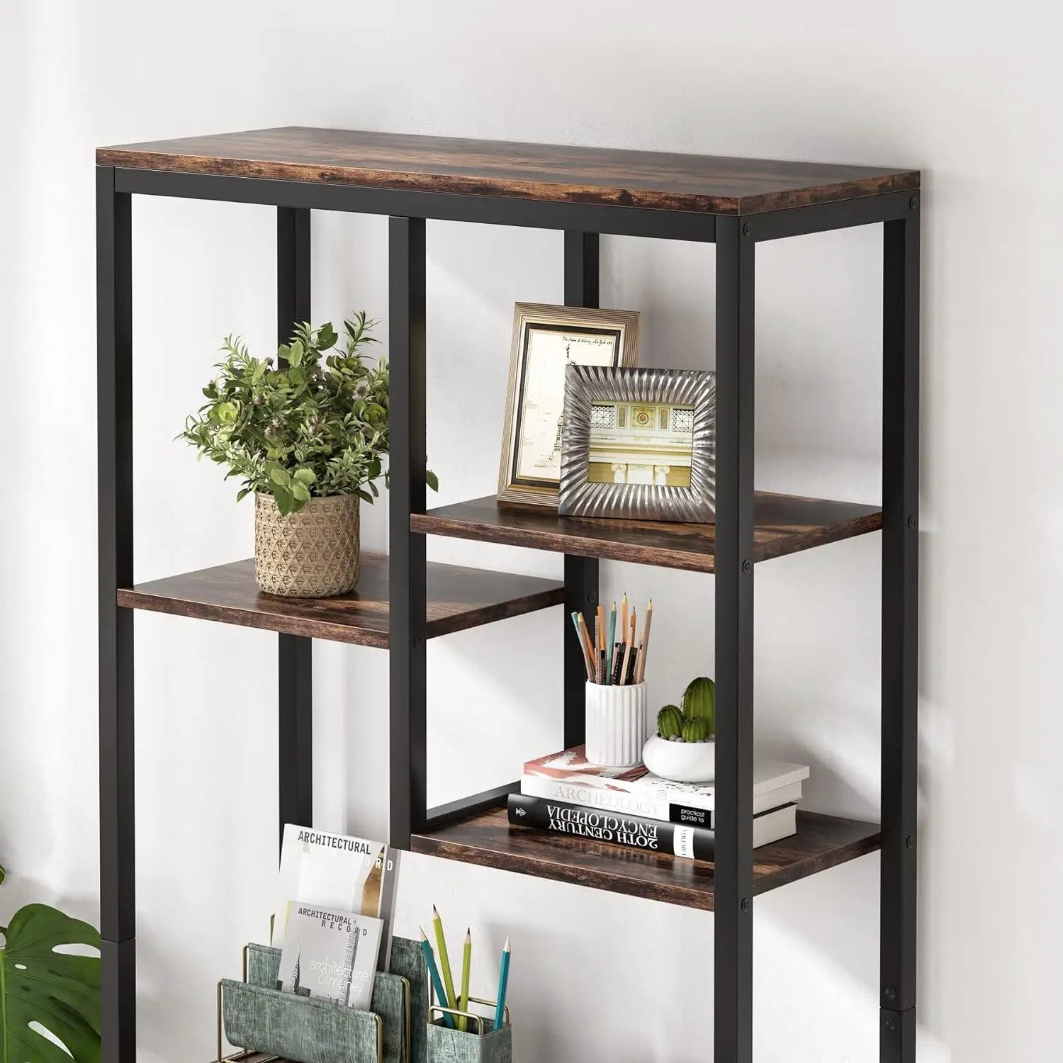 6 Tier, 8 Shelf Etagere Bookcase Storage Display Rack For Living Room - Rustic Brown by HouseOfZazla