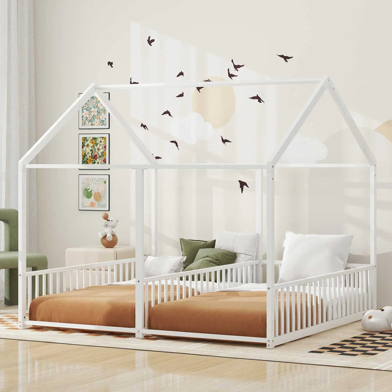 Metal Twin Size House Platform Beds 2 Shared Beds - Antique White by Unique Piece Furniture