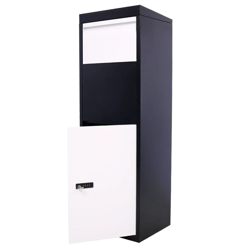 Package Delivery Box, Galvanized Steel Parcel Mailbox With Code Lock & Mounting Hardware, For Outdoor Porch, Curbside - White / Black by Unique Piece Furniture