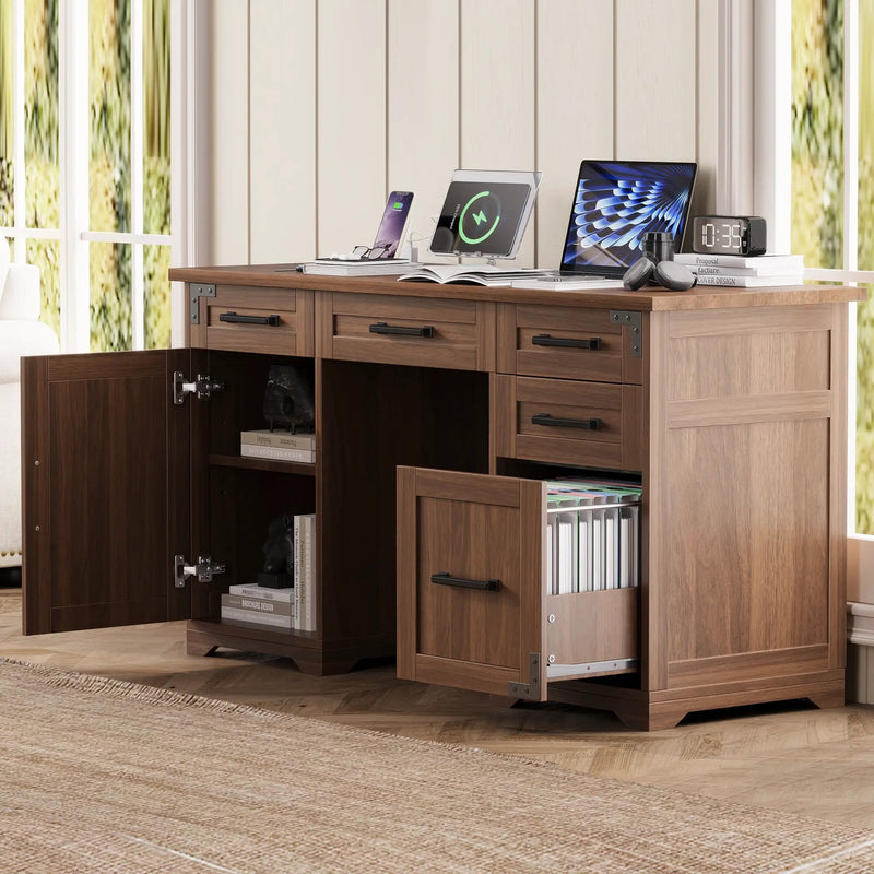 55" Farmhouse Executive Desk with Charging Station by HouseOfZazla