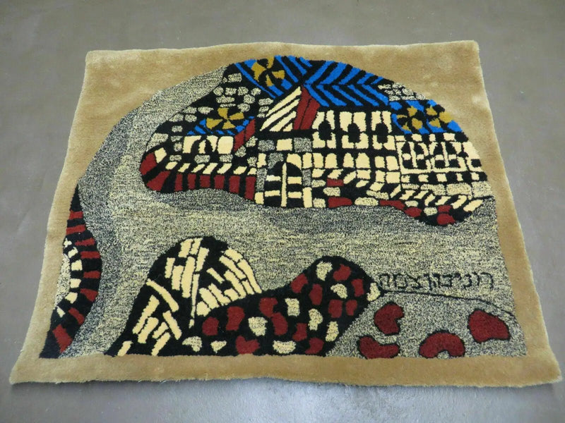 3' X 4' Vintage Hand Crafted Israel Wool Rug Carpet Wall Hanging Signed Hebrew by Jewel Rugs