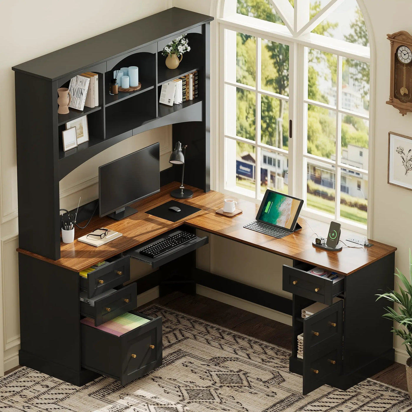 Space-Saving L-Shaped Computer Desk with Keyboard Tray & Charging Stations by HouseOfZazla