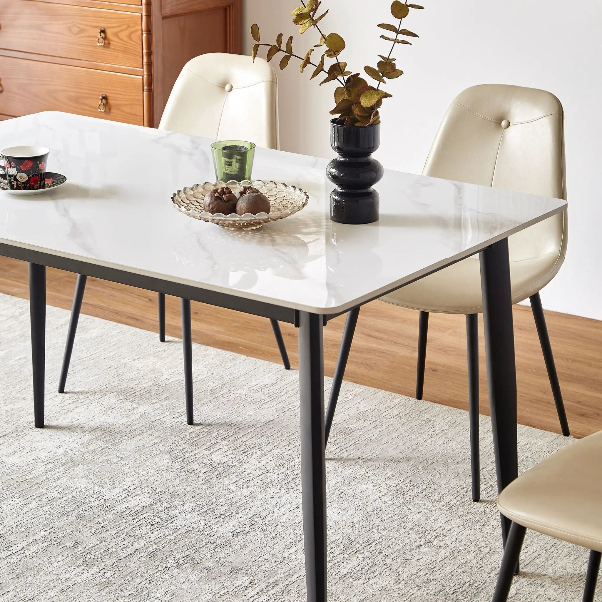 Dining Table Round White Sintered Stone Top Heavy Duty Metal Legs Waterproof Surface For Kitchen Dining Room Or Office Furniture - White / Black by Unique Piece Furniture
