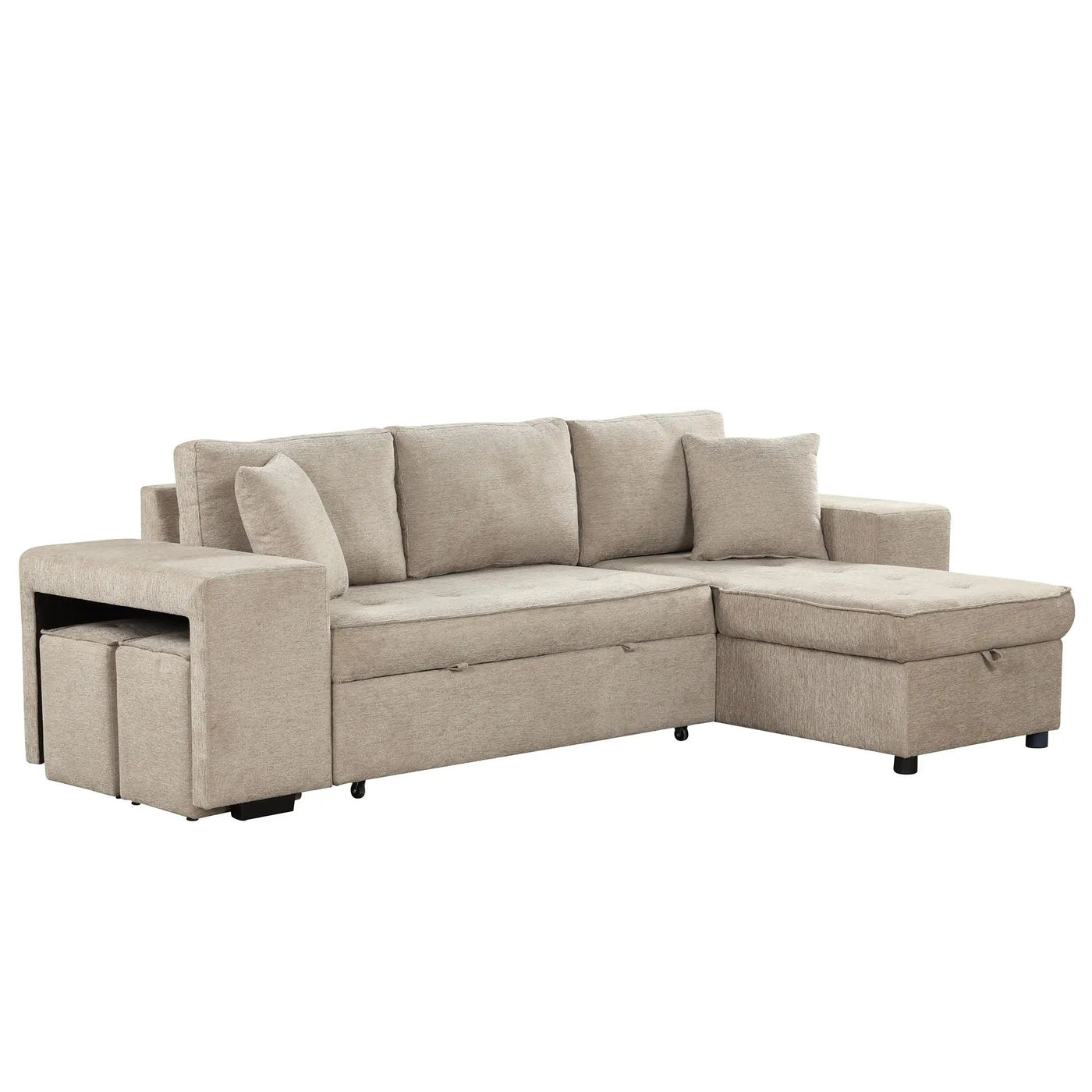 Modern L-Shape 3 Seat Reversible Sectional Couch, Pull Out Sleeper Sofa With Storage Chaise And 2 Stools For Living Room Furniture Set by HouseOfZazla