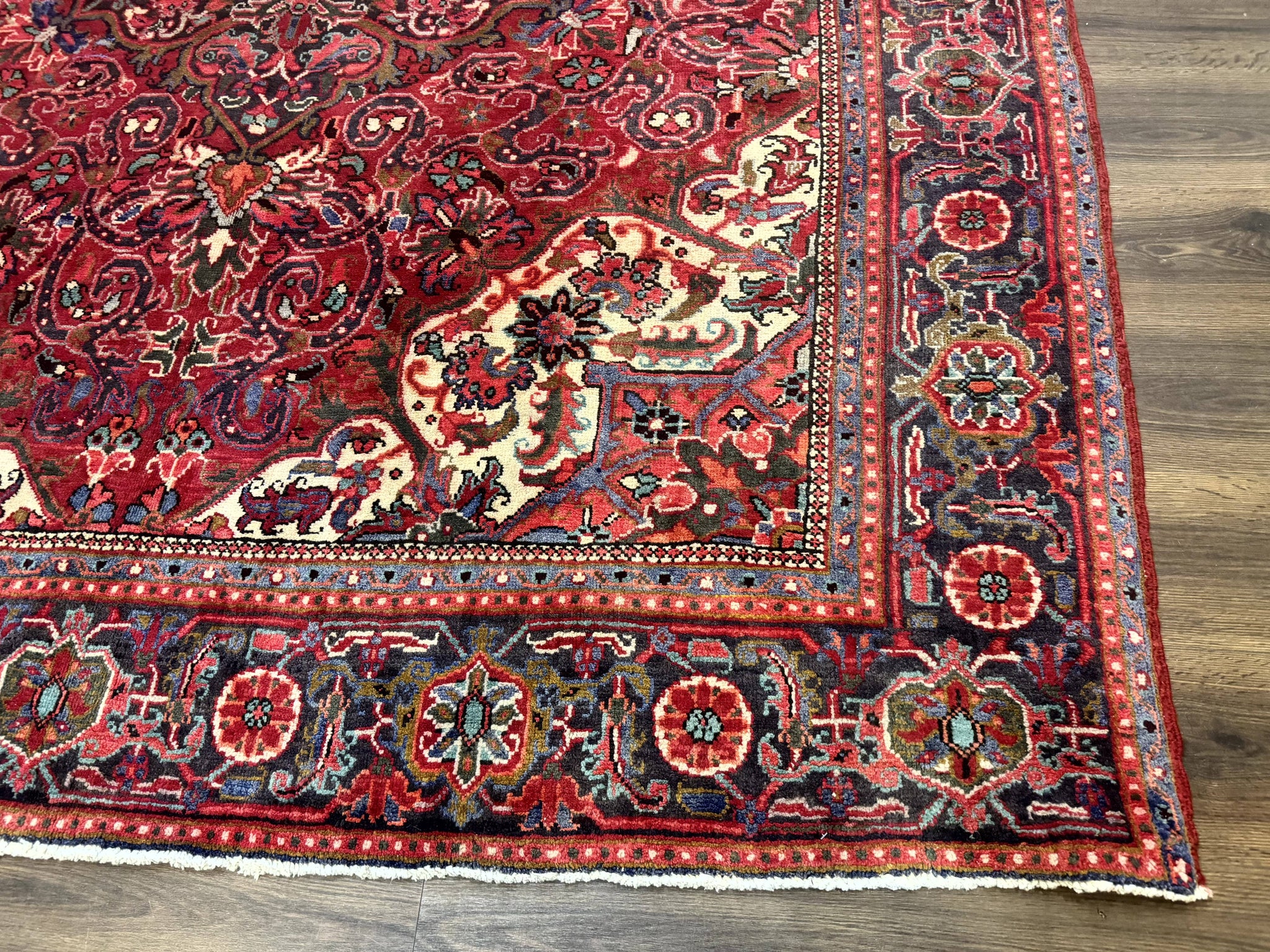 Persian Heriz Rug 7x10, Red and Navy, Geometric Medallion, Vintage Wool Carpet by Jewel Rugs