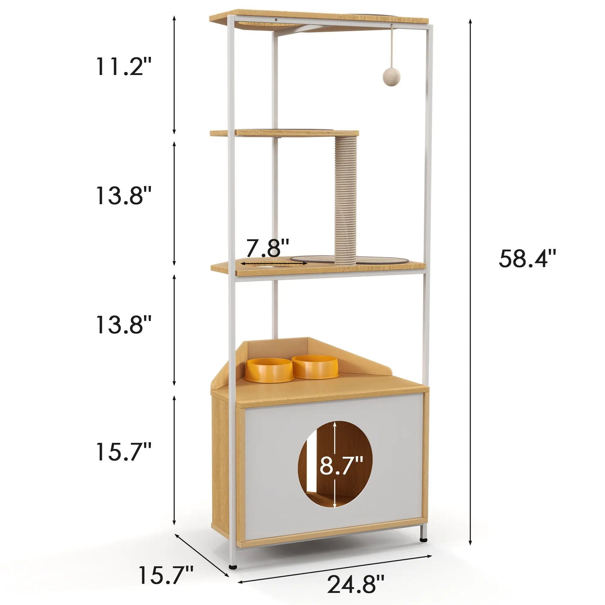 Corner Cat Tower, Cat Tree With Scratching Post, Cat Condo With Feeding Station And Climbing Platforms, Pet Furniture For Indoor Cats - White / Light Oak by HouseOfZazla