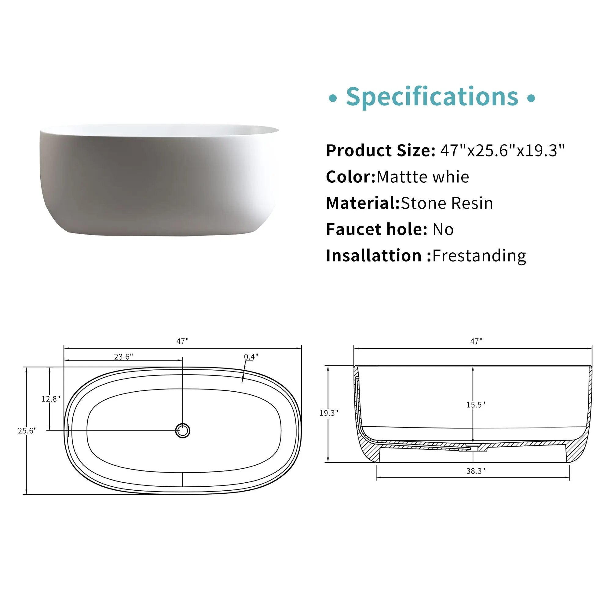 Independent Solid Surface Resin Stone Bathtub, A Modern Designed Independent Bathtub With Pop-Up Drainage And Overflow Pipes, Suitable For Small Households - Matte White by HouseOfZazla